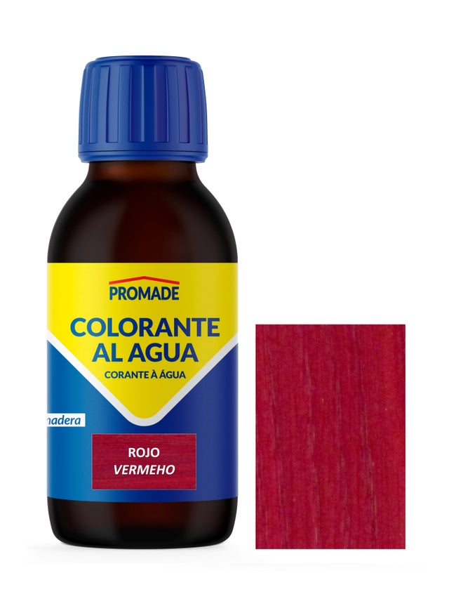 Tinte de madera interior PROMADE en color rojo, acabado mate para mobiliario líquido de 125 ml. Base agua.