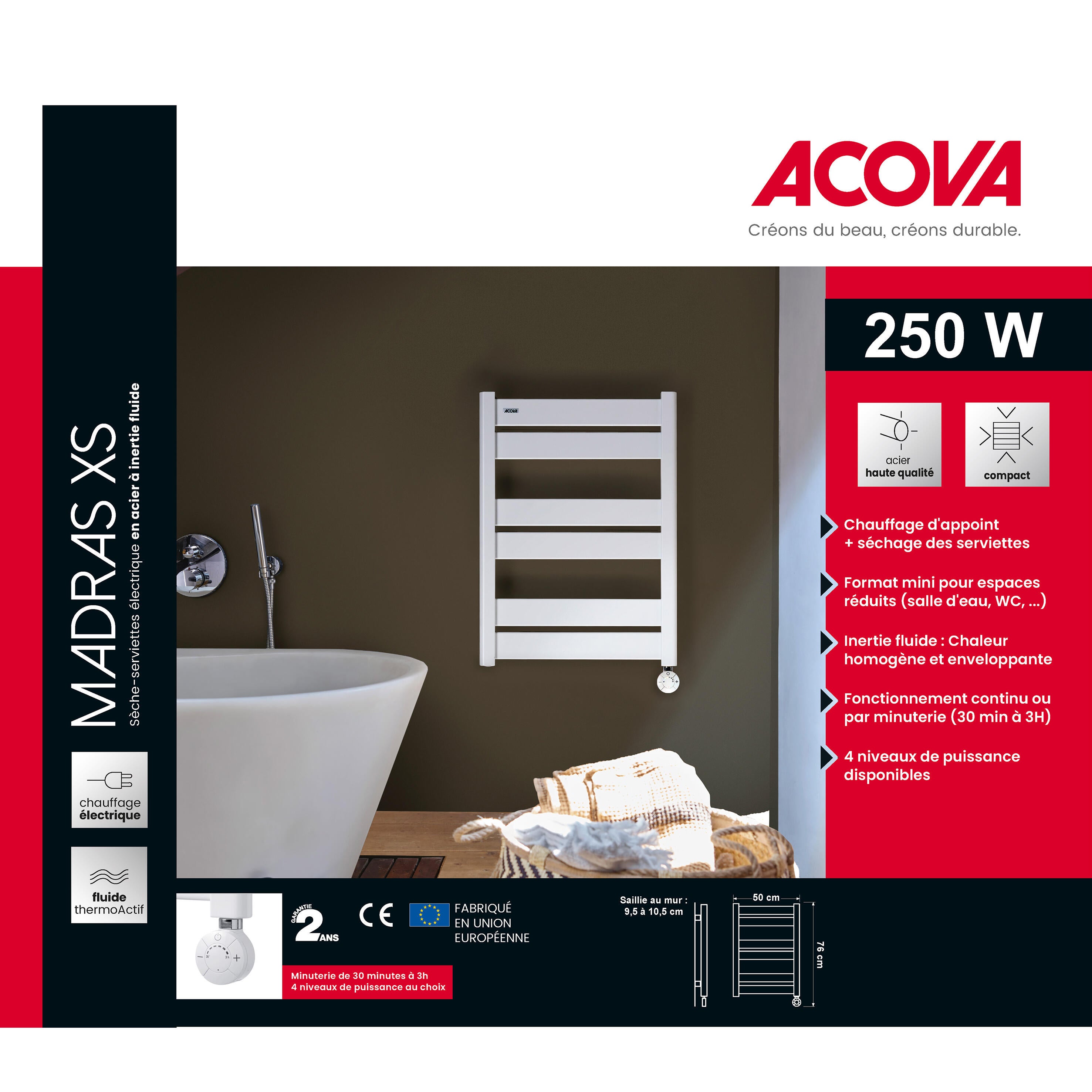 Sèche-serviettes électrique MADRAS XS ACOVA 250W, H76 x l51 cm blanc - 7