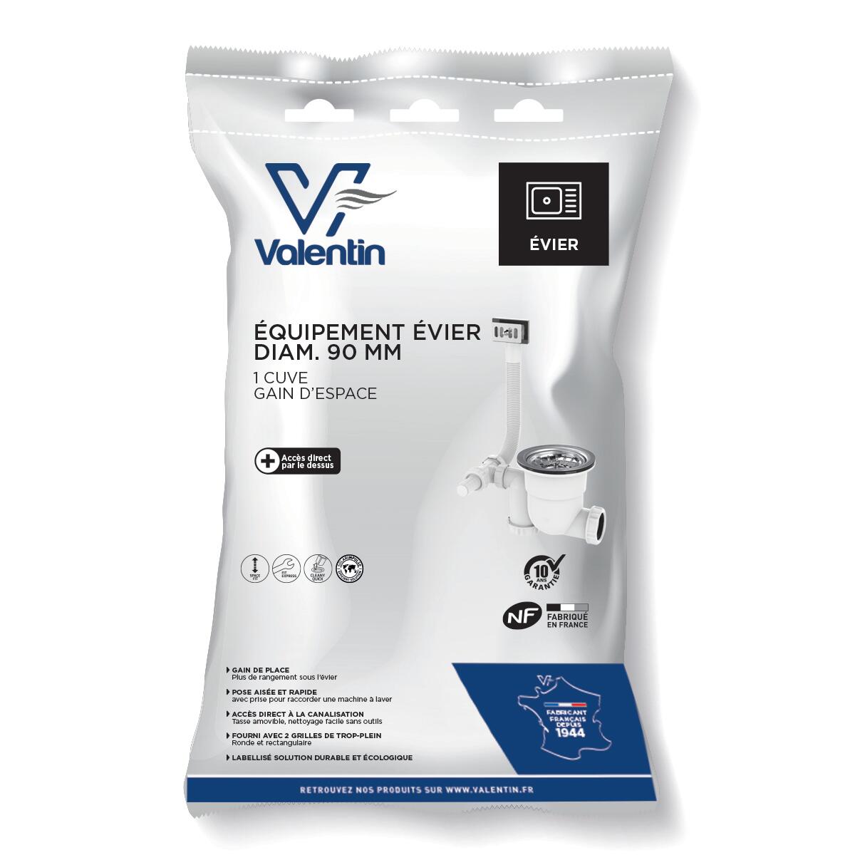 Vidage pour évier 1 cuve gain de place, Diam.90 mm, VALENTIN - 10