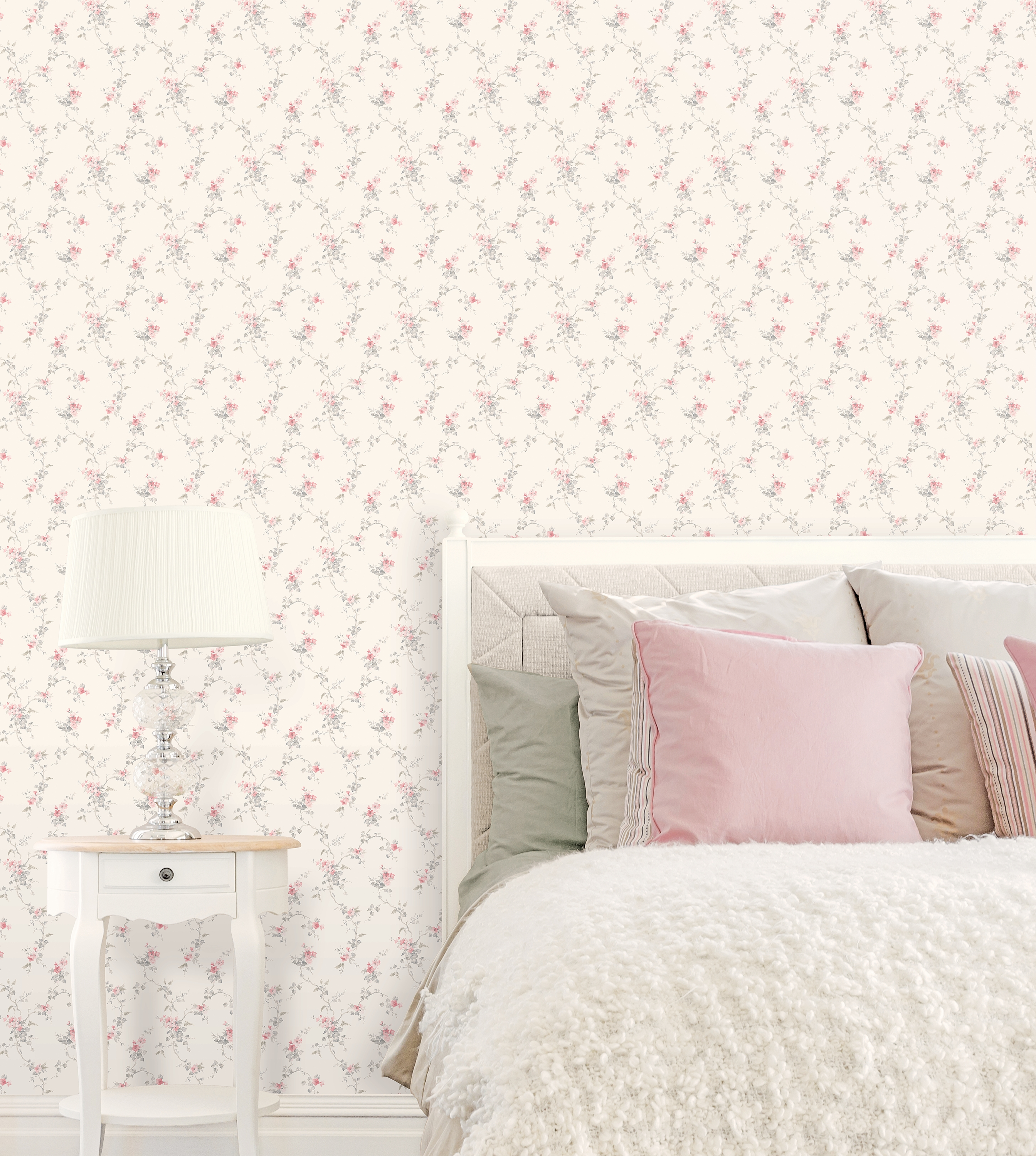 Papel pintado vinilo botánico, plantas o floral tallos de flor pastel rosa
