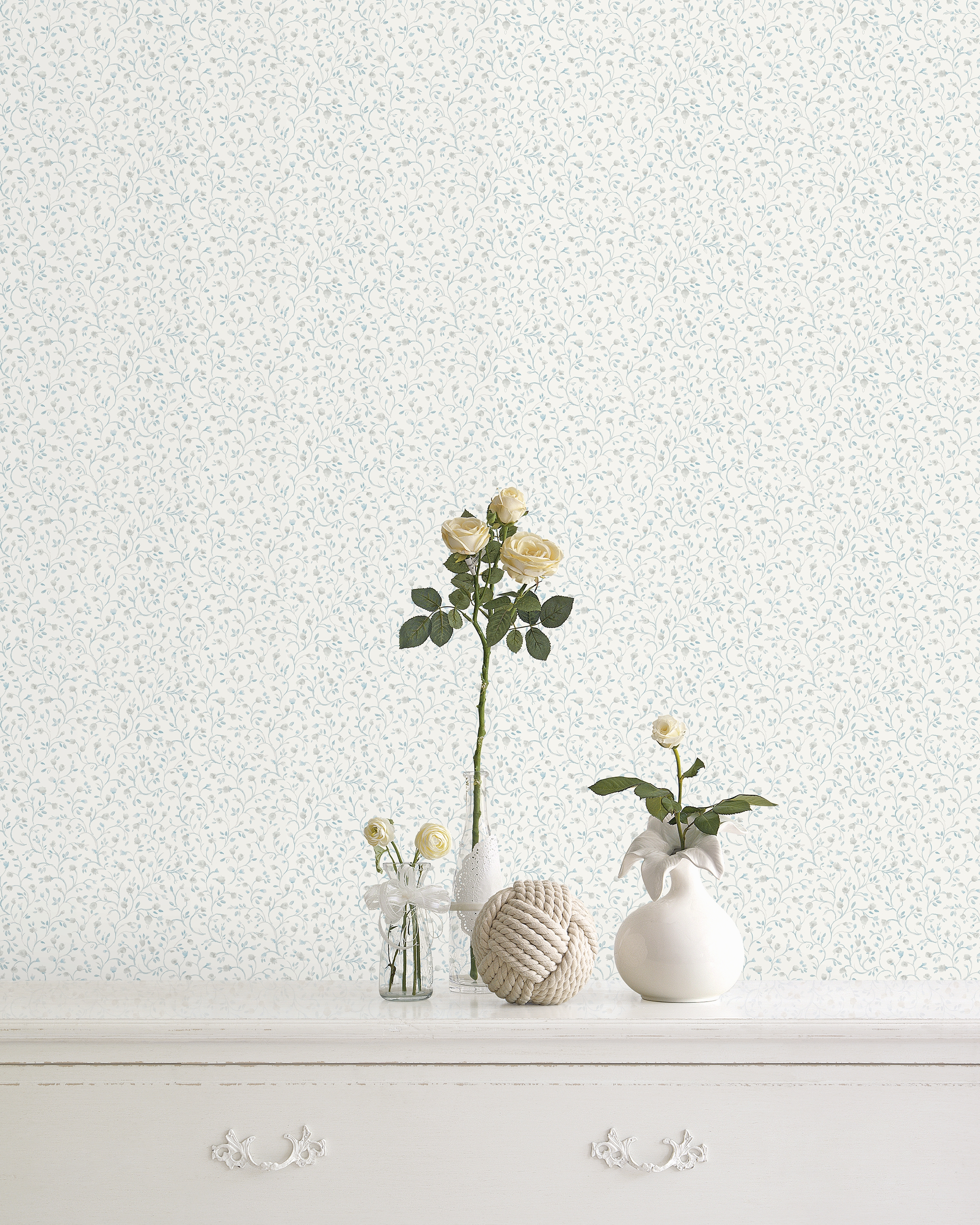 Papel pintado vinilo botánico, plantas o floral miniflores pastel gris
