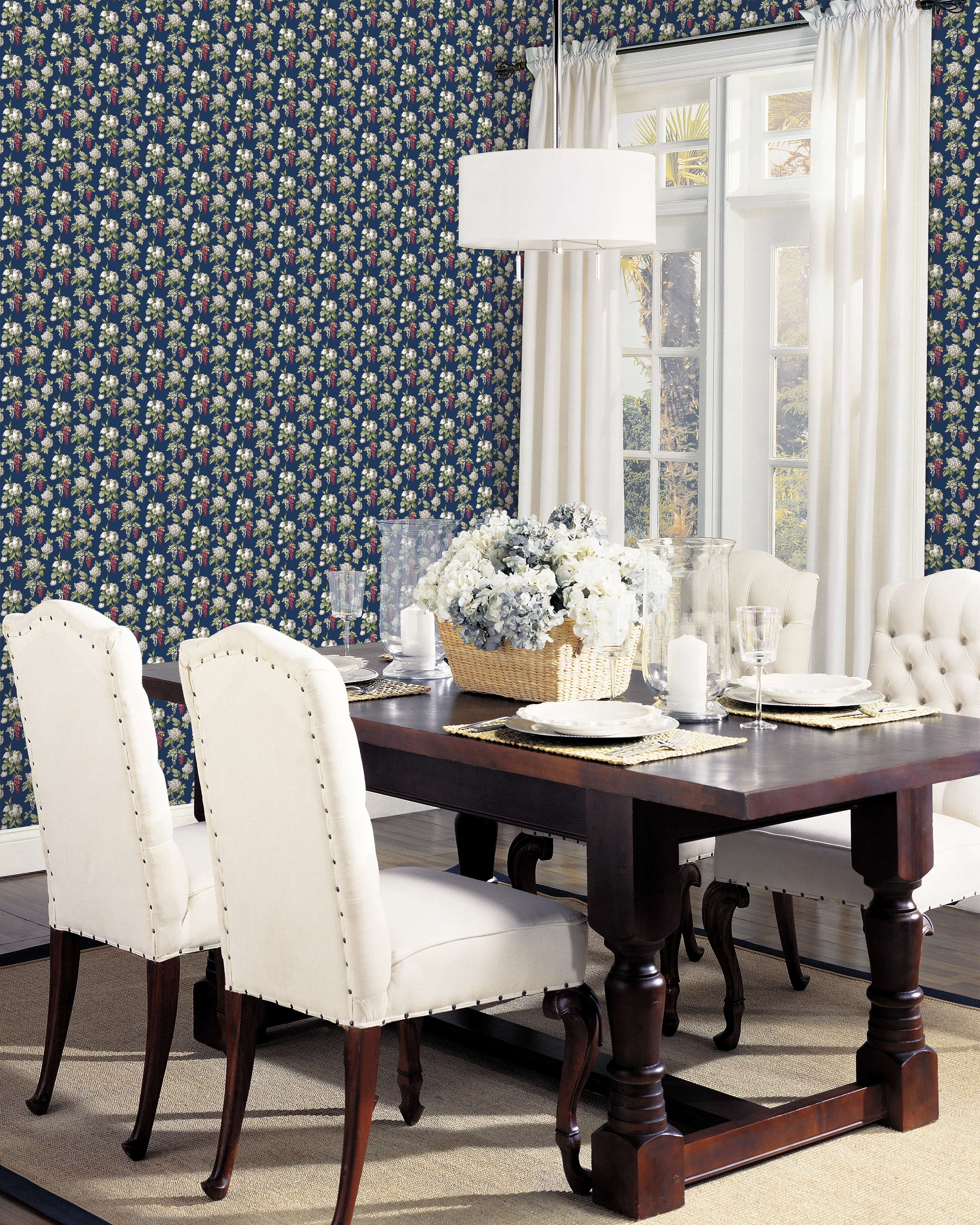 Papel pintado vinilo aplicación cola en pared floral vegetal ramillete flores azul ich 53cmx10m fregable