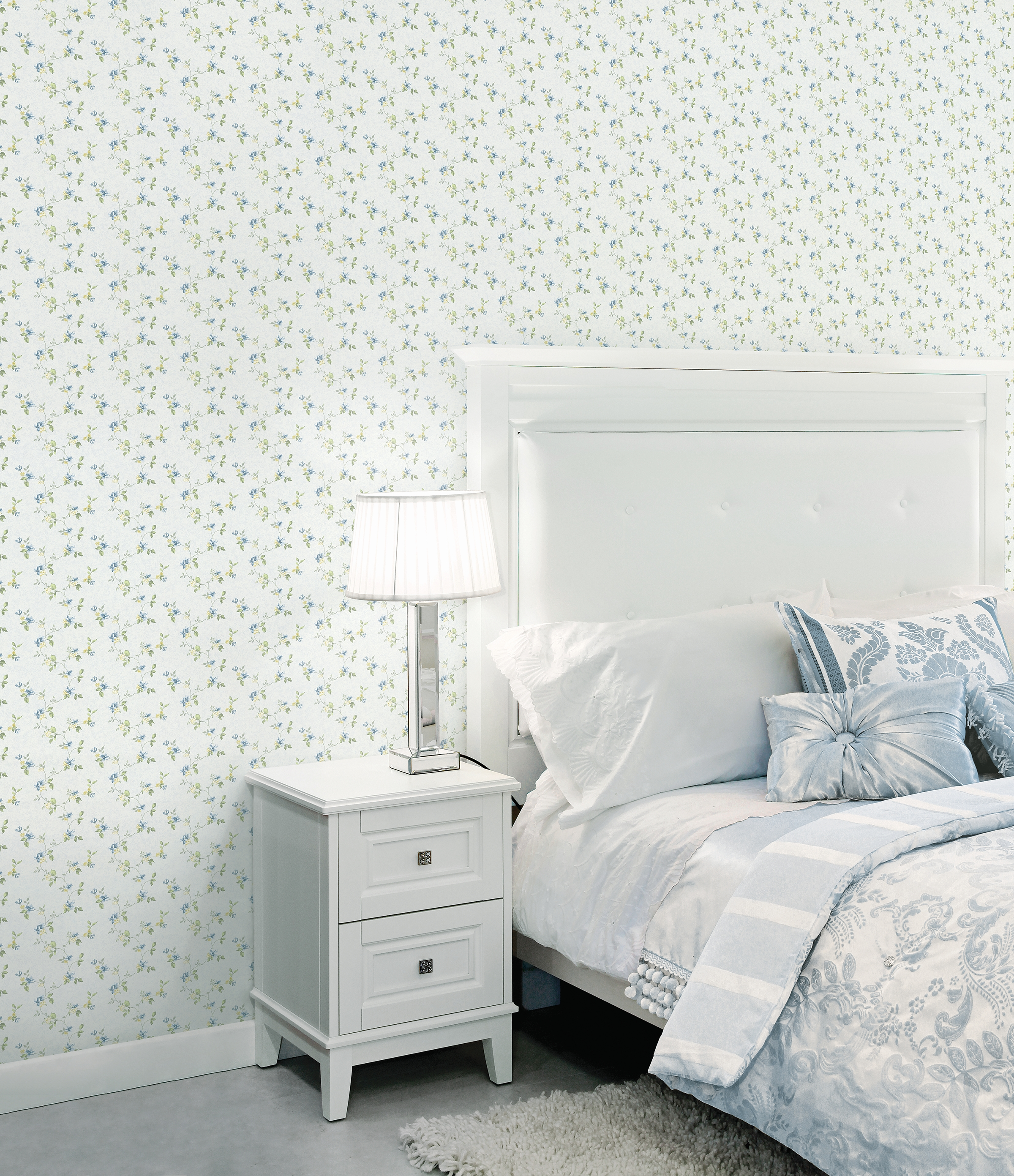 Papel pintado vinilo botánico, plantas o floral tallos flor azul
