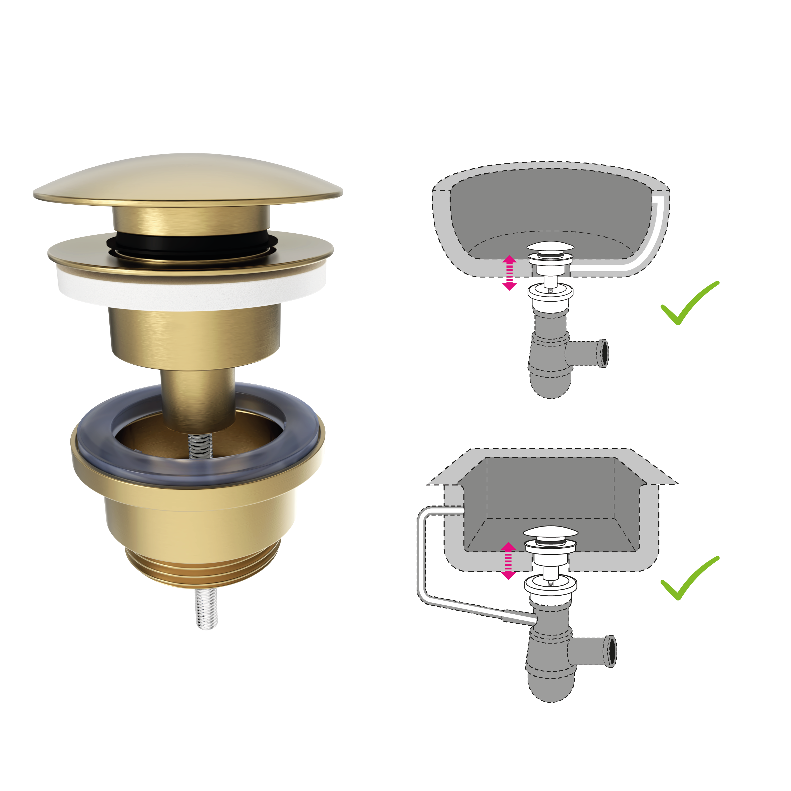 Bonde clic-clac / avec trop-plein pour lavabo, doré, Diam.66 mm, EQUATION - 5