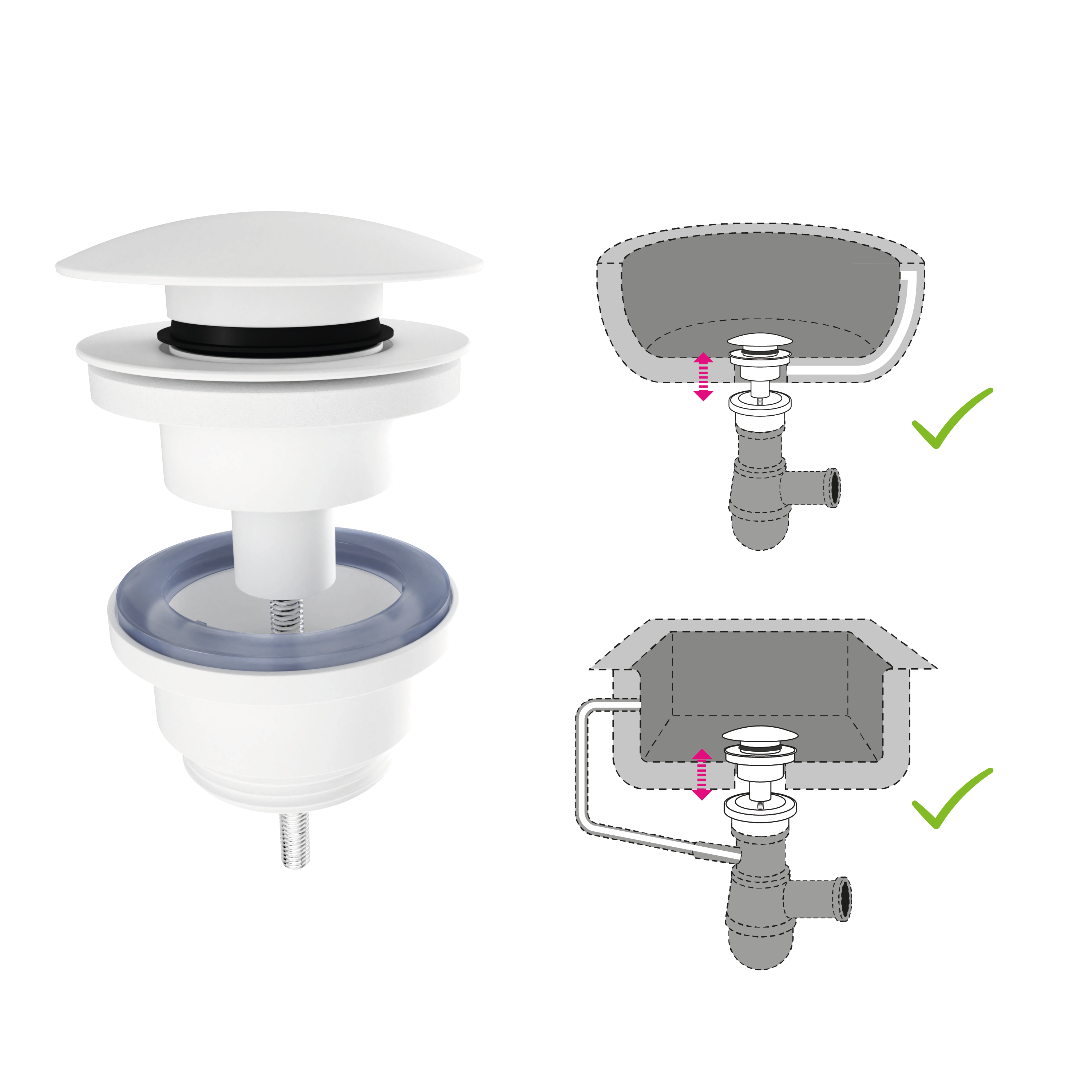 Bonde clic-clac / avec trop-plein pour lavabo, blanc, Diam.66 mm, EQUATION - 6