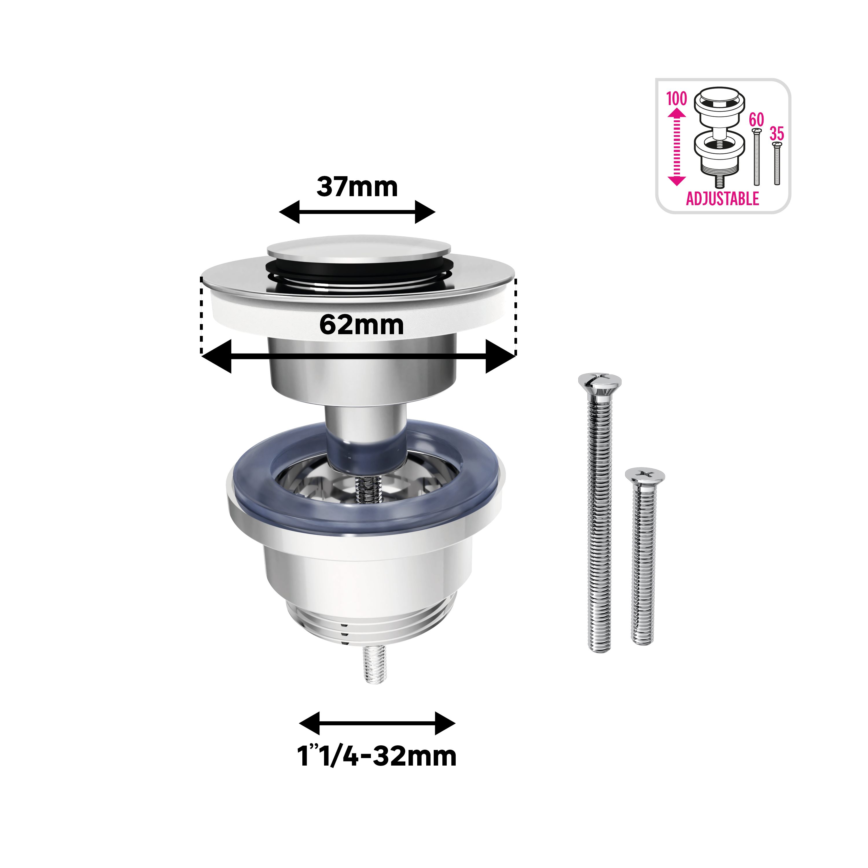 Bonde clic-clac / avec trop-plein pour lavabo, gris, Diam.37 mm, EQUATION - 4