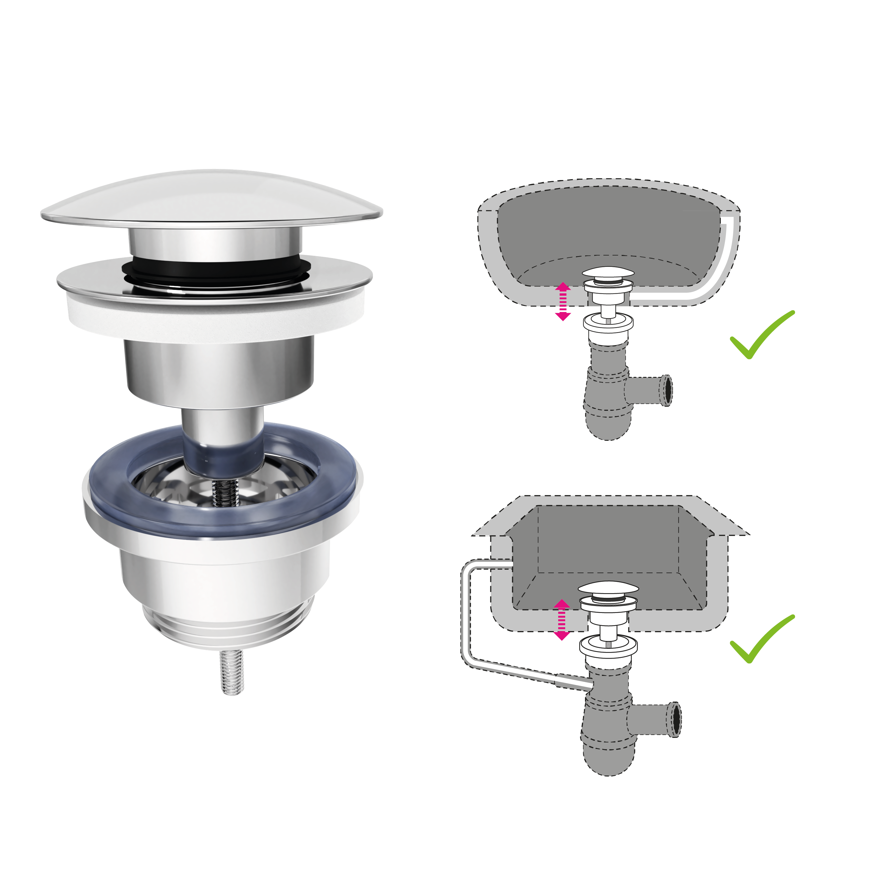 Bonde clic-clac / avec trop-plein pour lavabo, chrome, Diam.66 mm, EQUATION - 5