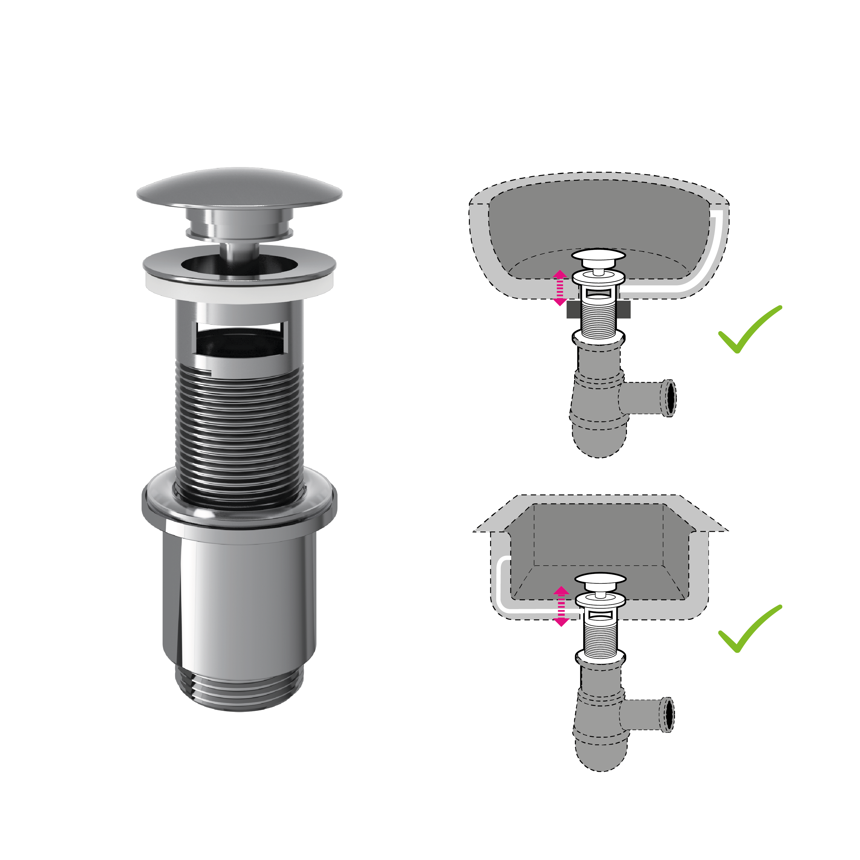 Bonde clic-clac / avec trop-plein pour lavabo, chrome, Diam.66 mm, EQUATION - 4