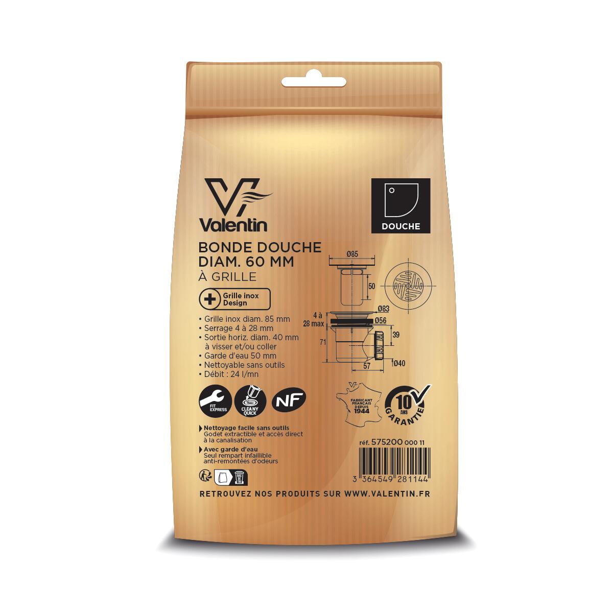 Bonde écoulement libre pour pour bac de douche recyclé, noir, Diam.60 mm, VALENT - 5