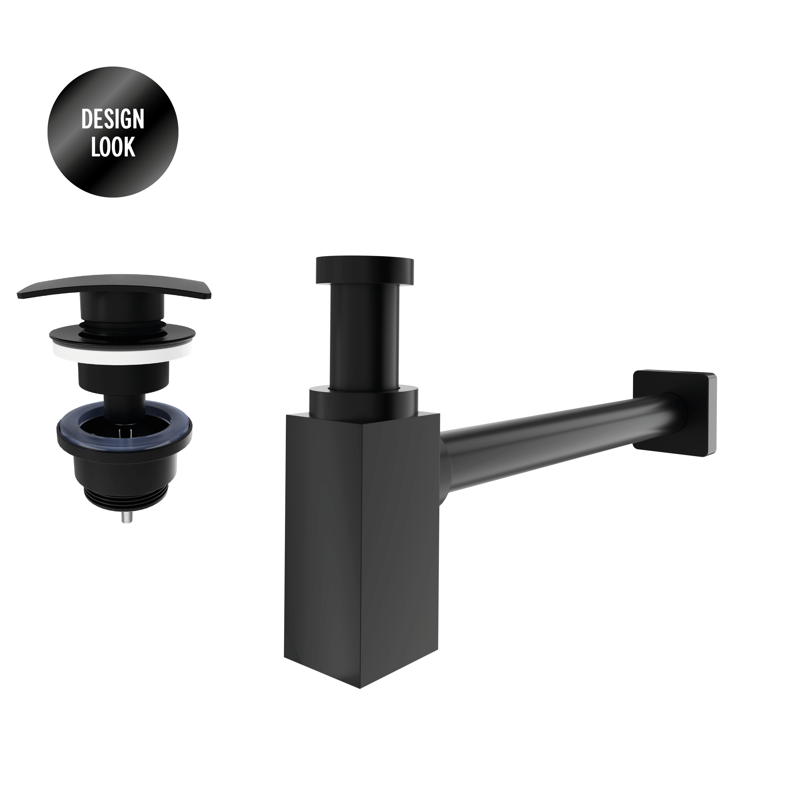 Conjunto válvula y sifón cuadrado ajustable lavabo equation negro