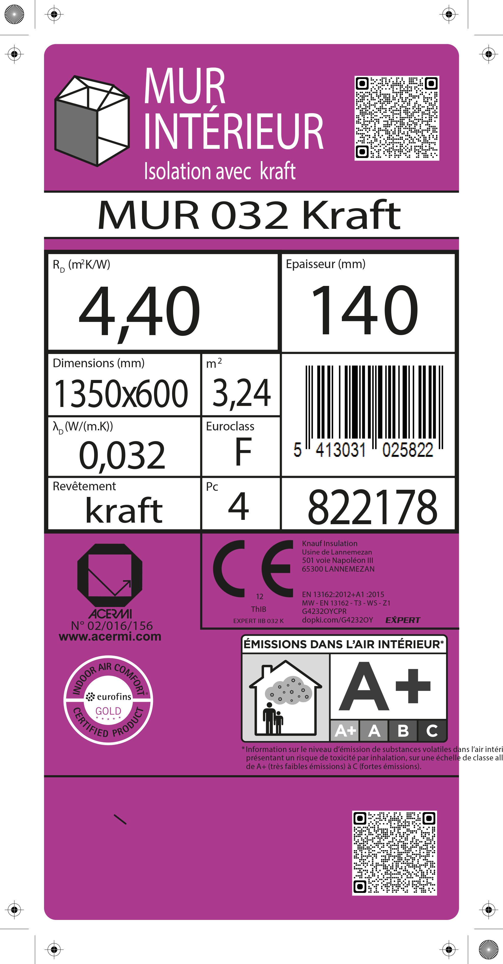 4 panneaux laine de verre kraft Ep.140 mm R=4,40 λ32 L.1,35 x l.0,60 m - EXPERT KNAUF - 2