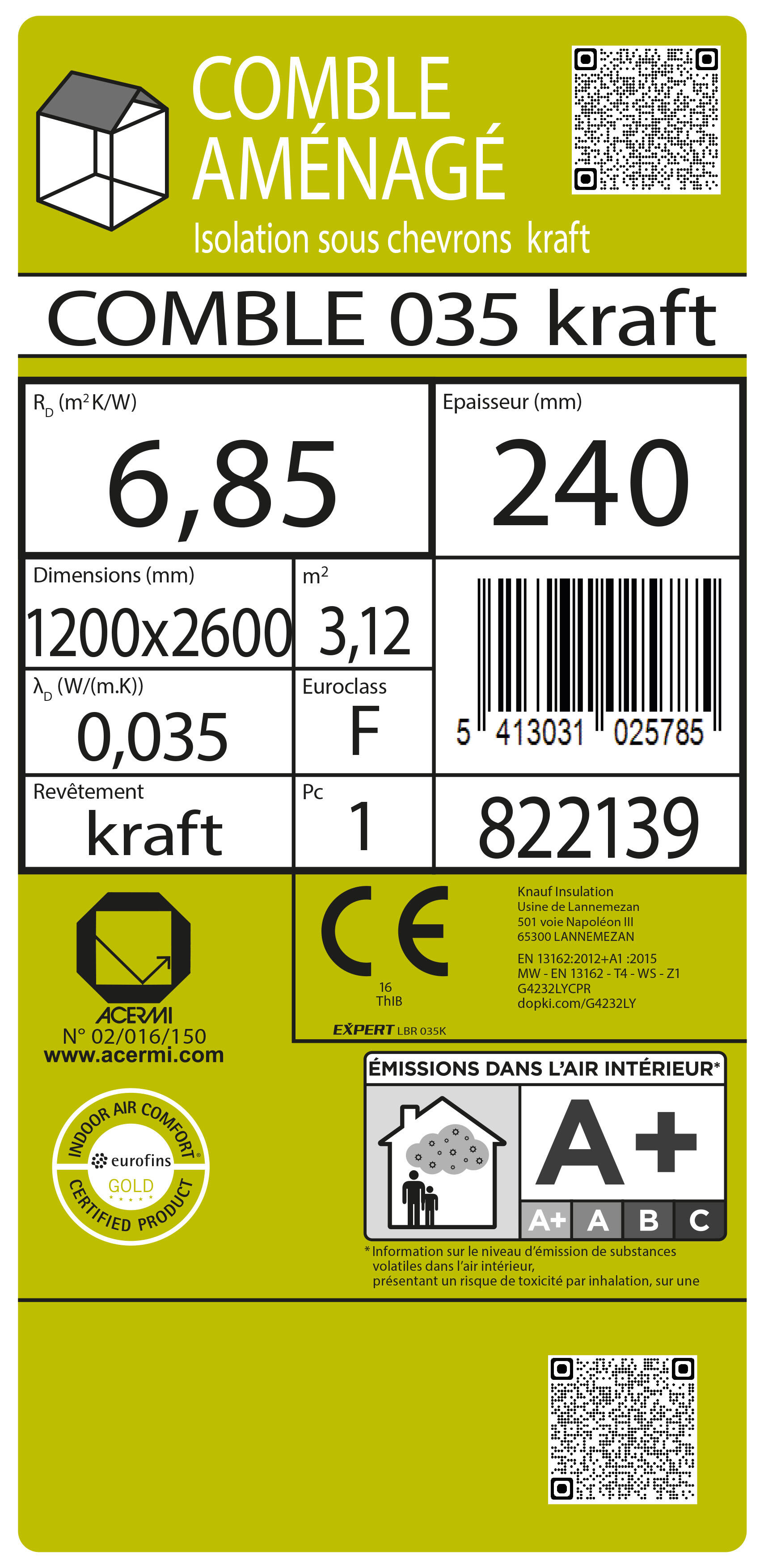 Rouleau de laine de verre kraft TH35, Ep.240 mm, 2,6x1.2m R=6,85 pour l'isolation des combles aménagés - KNAUF - 2
