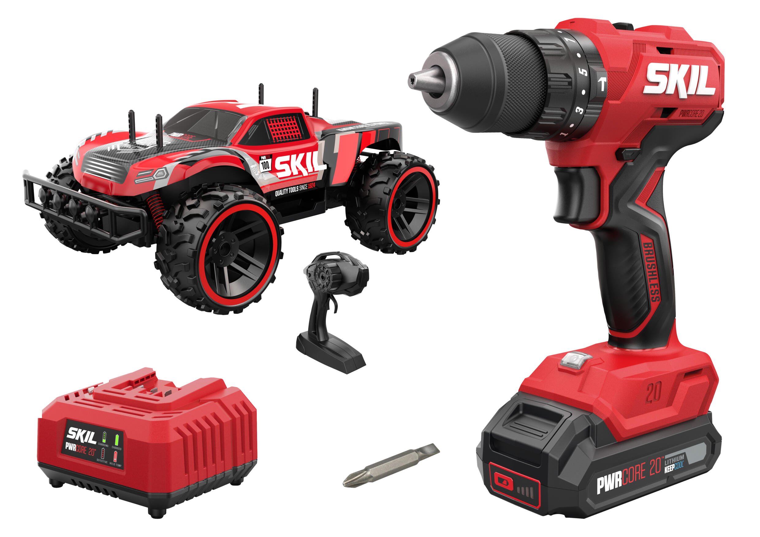 Taladro percutor a batería brushless skil 20v + coche radio control - 3021rc - 1 batería 2.0 ah + cargador