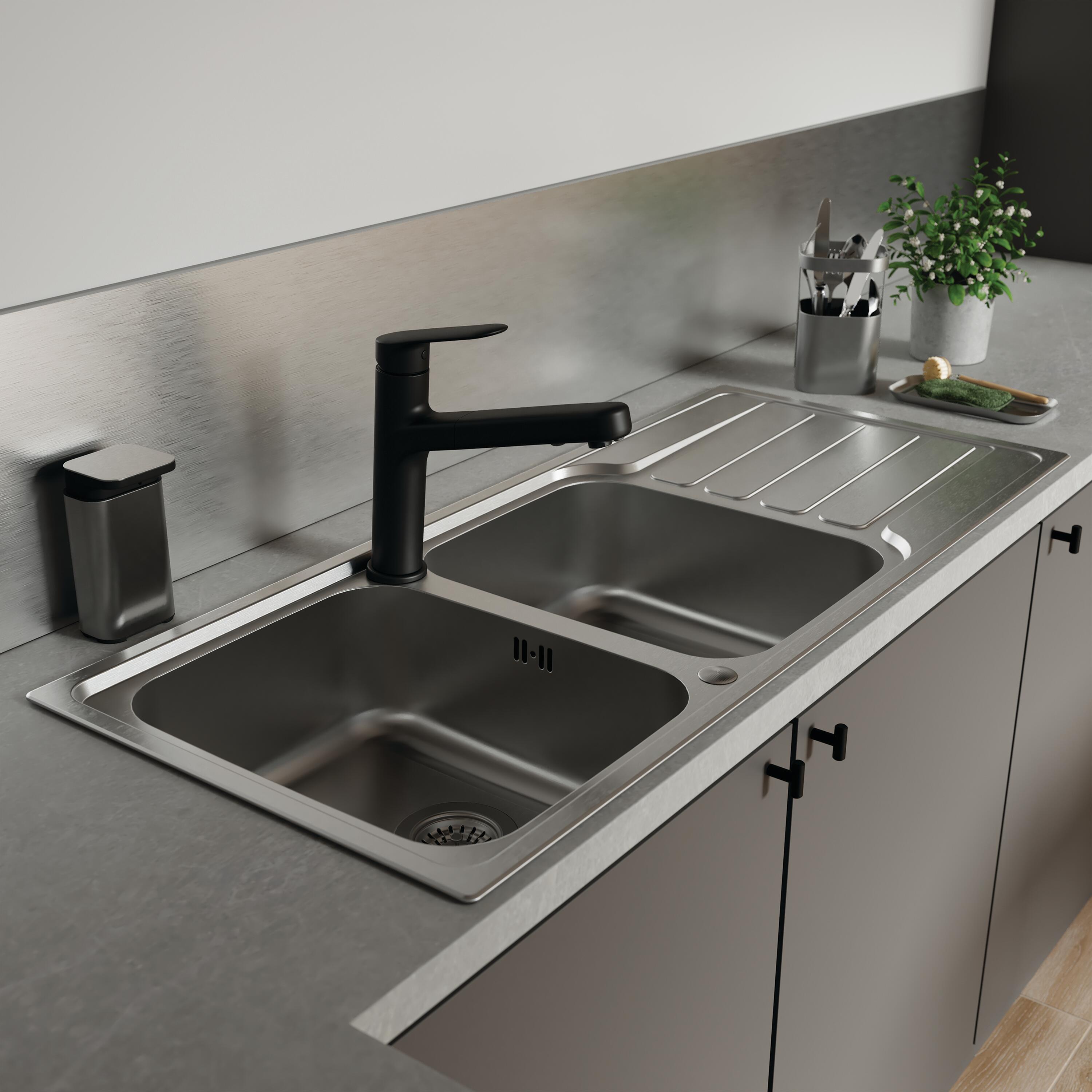 Evier à encastrer 2 bacs avec égouttoir, HURON, Inox micro structuré - 2