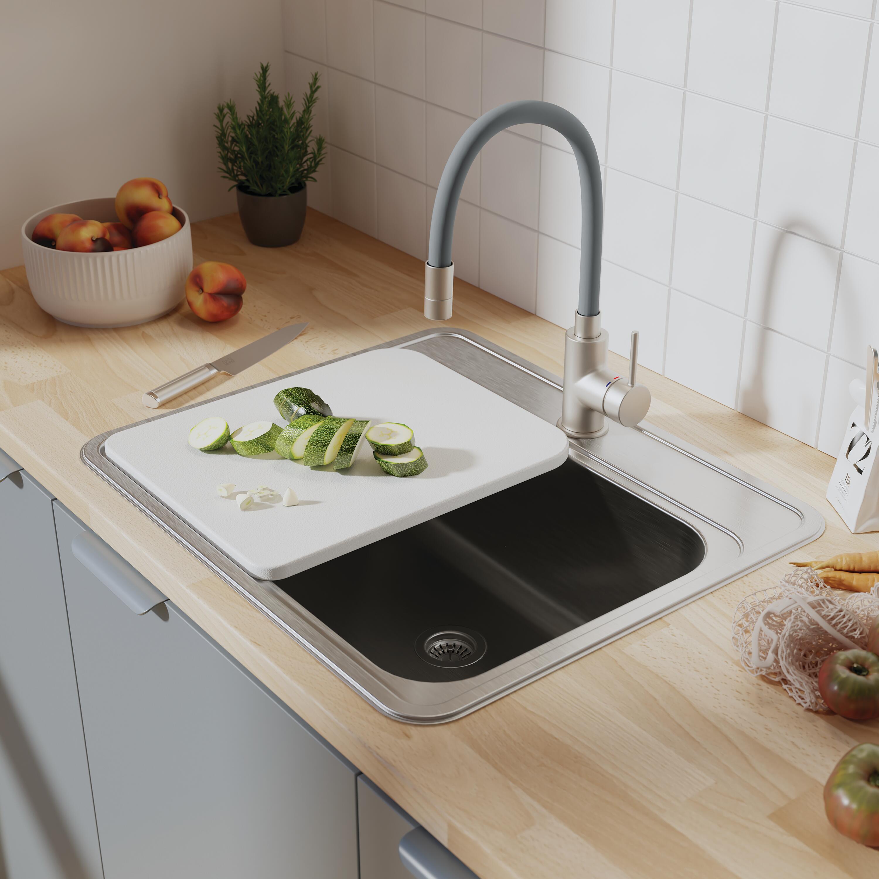 Lavello sopratop 1 vasca in inox argento DELINIA Eleki con tagliere L 56 x L 48 cm - 3