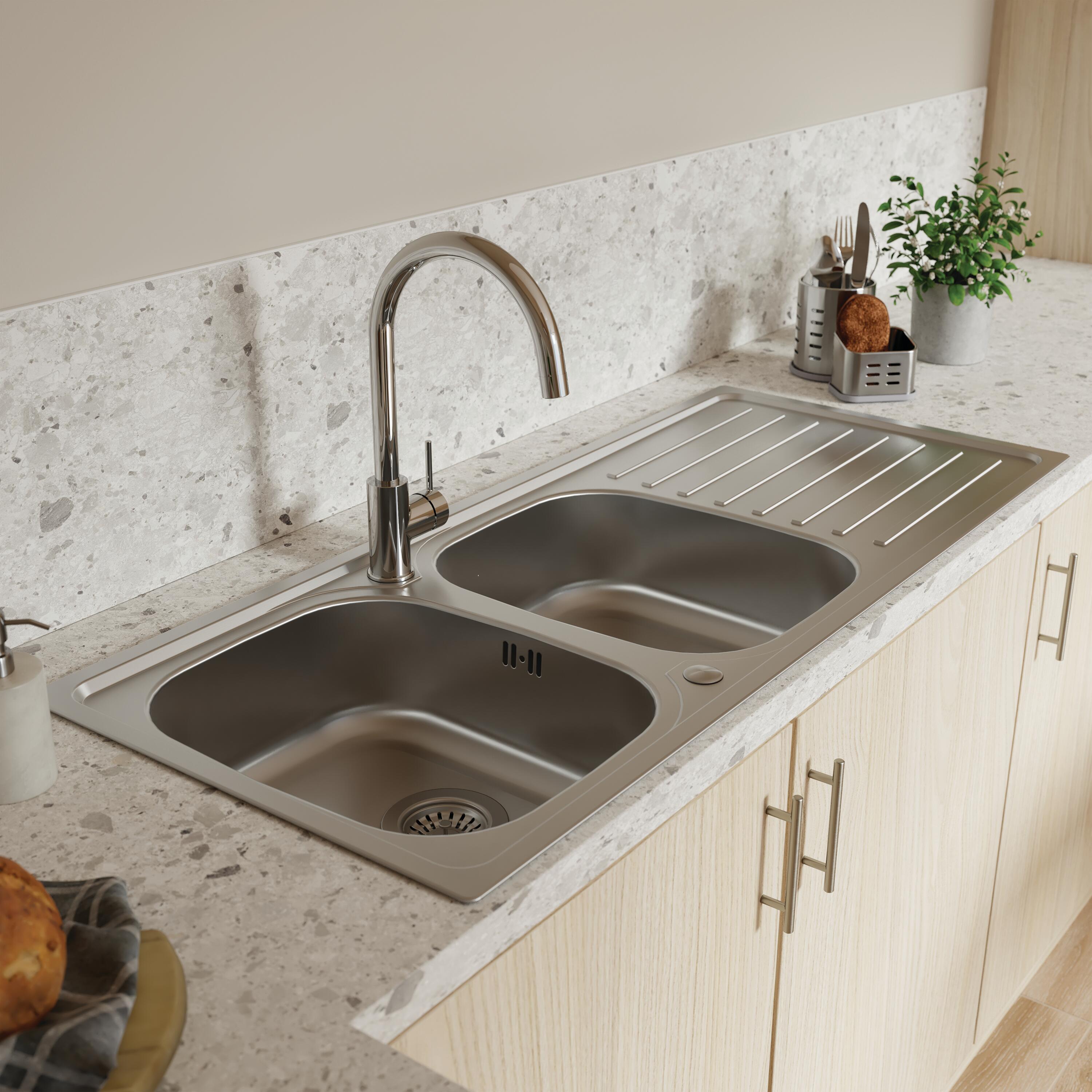 Evier à encastrer 2 bacs avec égouttoir, ESSENTIEL, Inox anti-rayures - 2