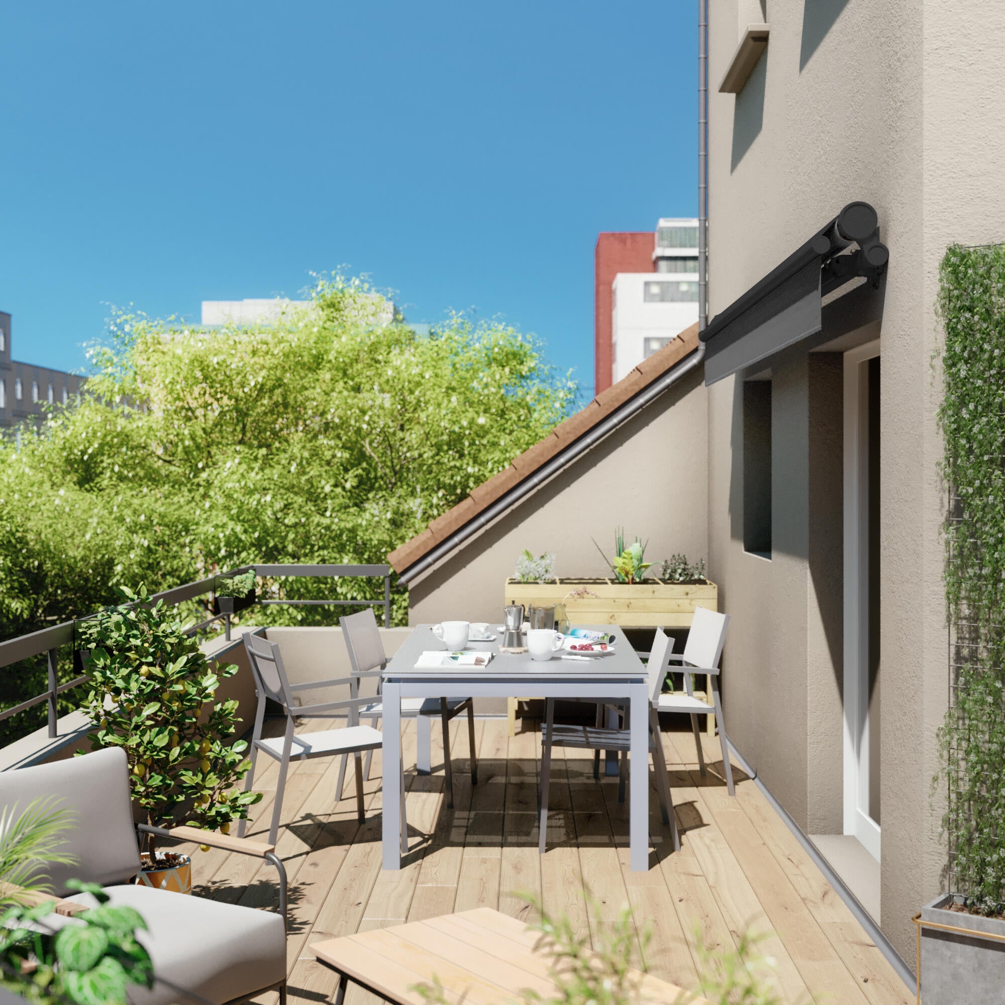 Store banne manuel 3.95 x 3 m Calima gris, toile polyester gris - 5