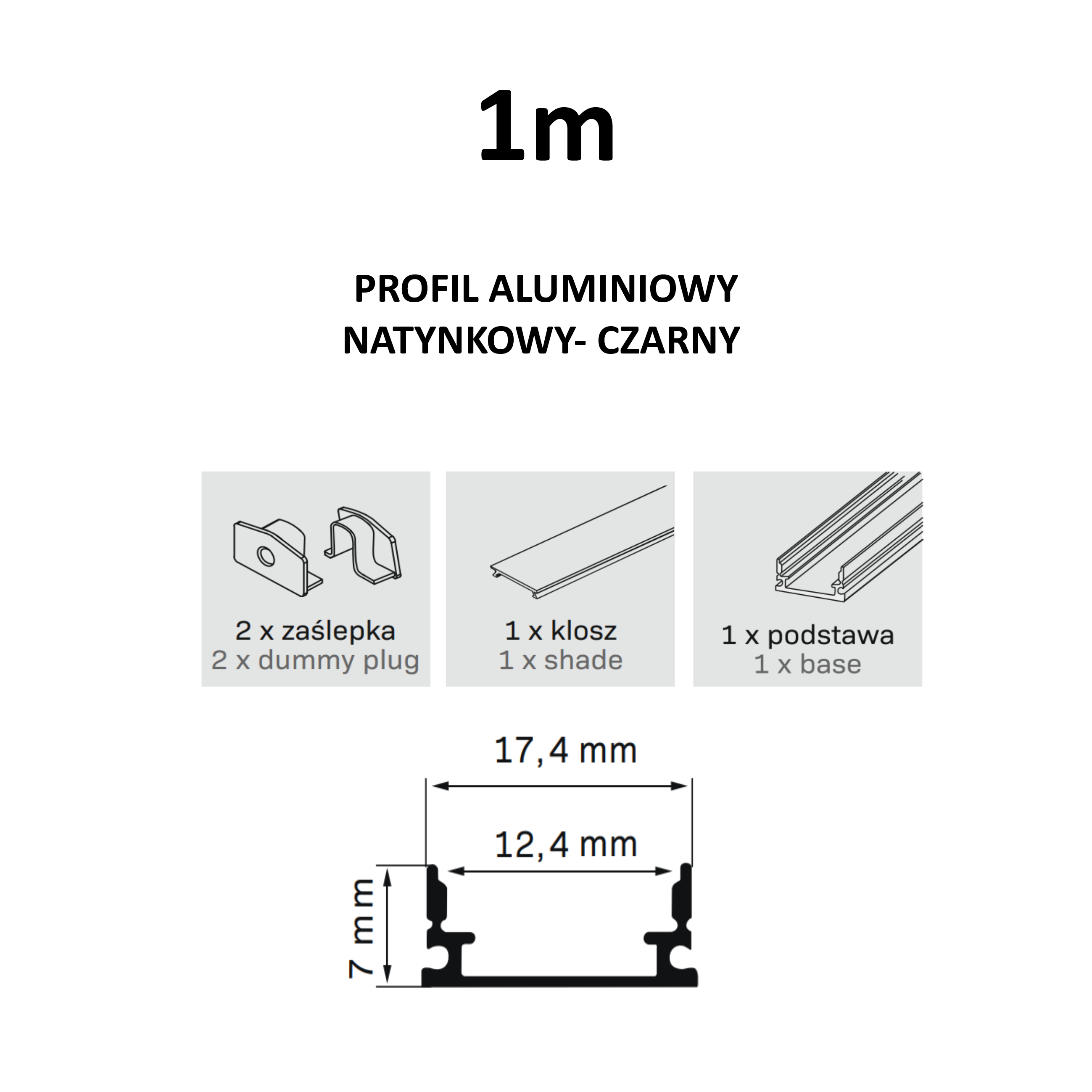 Profil do taśmy LED natynkowy 1 m czarny + zaślepki POLUX - 23