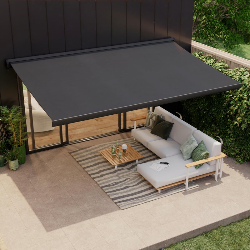 Markiza zewnętrzna z napędem z wysuwanym ramieniem z oświetleniem LED Loby 5x3.5 metra antracytowa NATERIAL