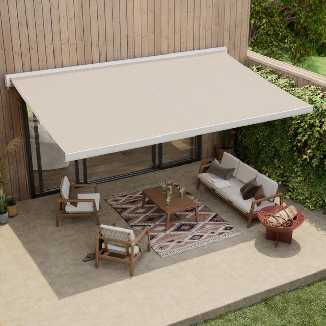 Store banne motorisé 3.95 x 3.5 m Loby L blanc LED, toile acrylique beige