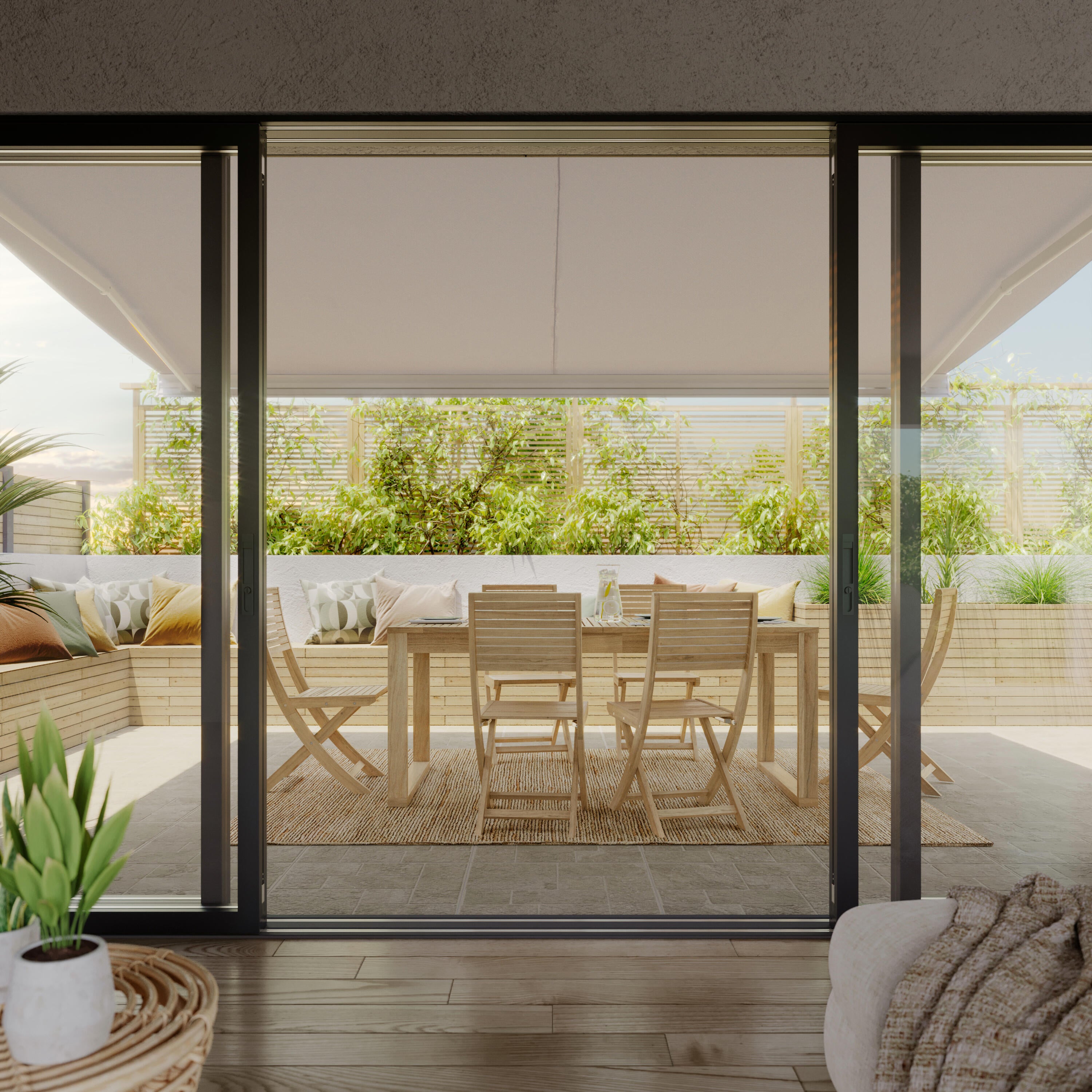 Store banne manuel 3.95 x 3 m Loby L blanc, toile acrylique beige - 5