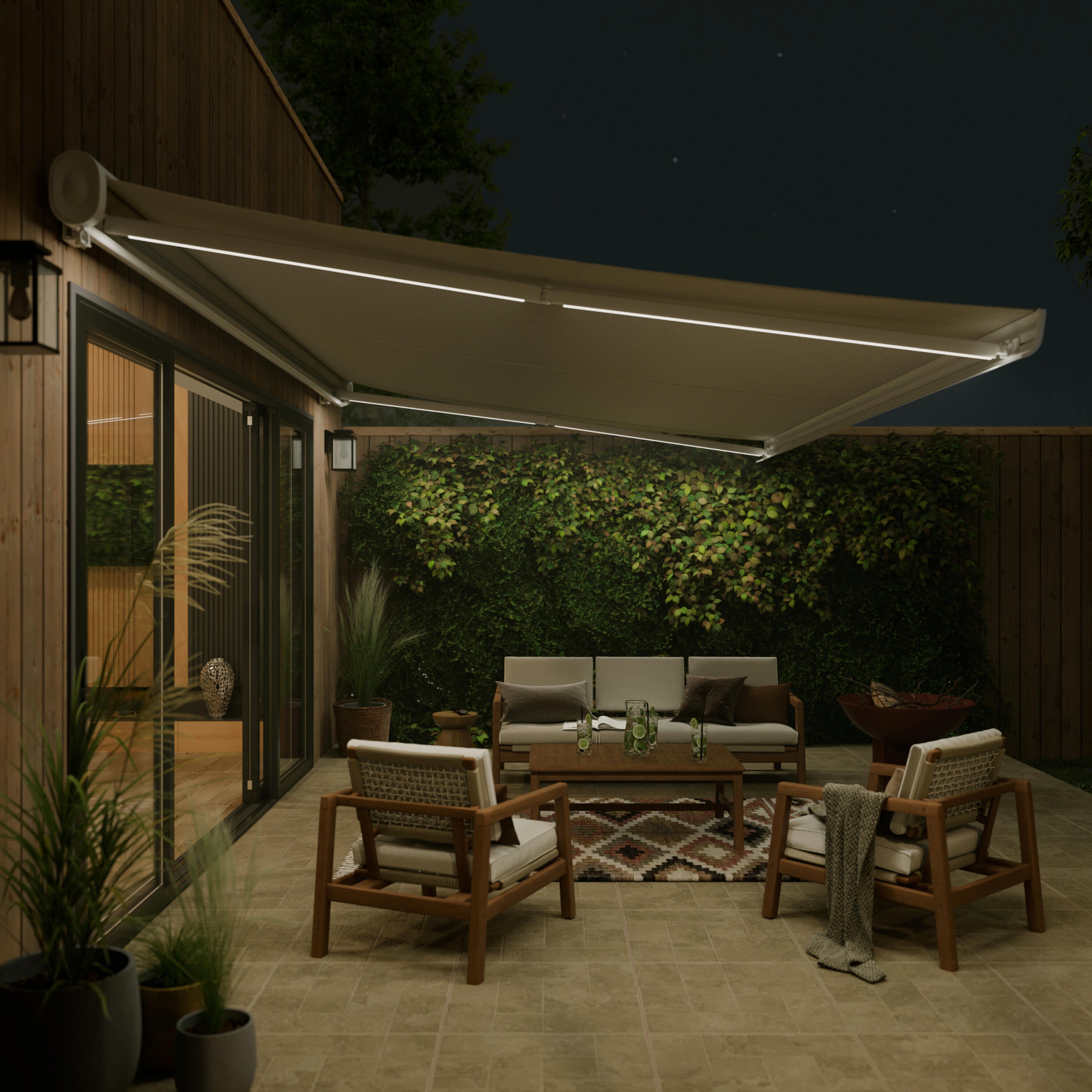 Store banne motorisé 2.95 x 2 m Loby S blanc LED, toile acrylique beige - 2