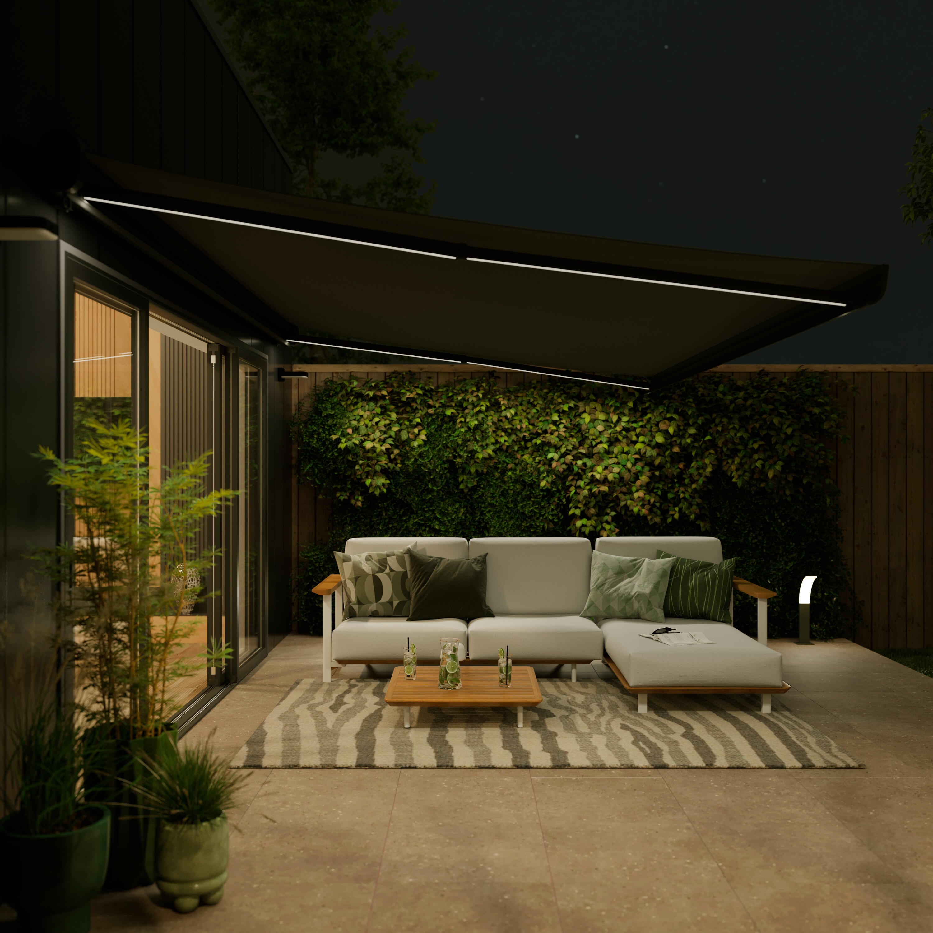 Store banne motorisé 3.95 x 3.5 m Loby L gris LED, toile acrylique gris - 2