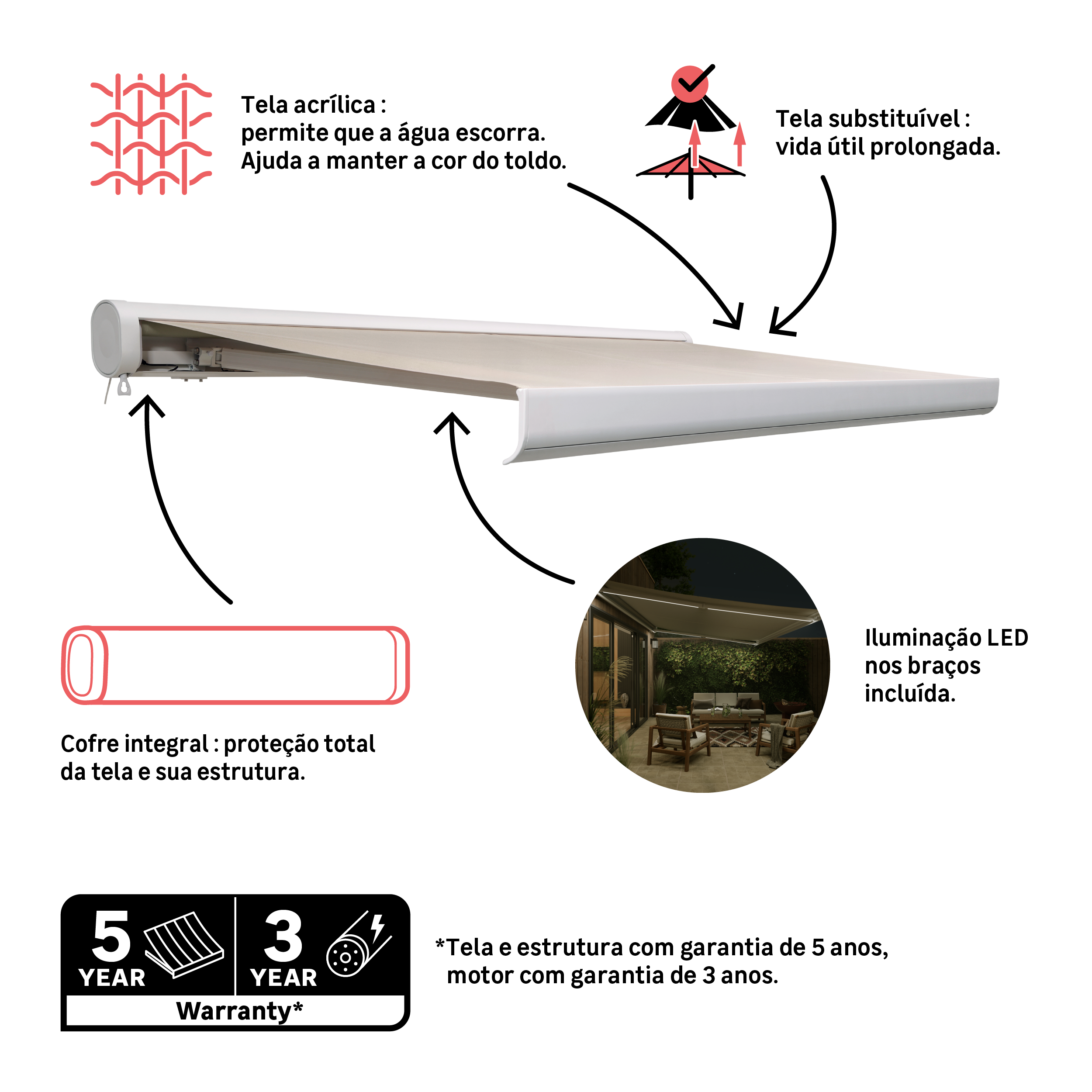 Toldo motorizado caixa integral branco 2.95x2 m liso bege Naterial Loby - 3