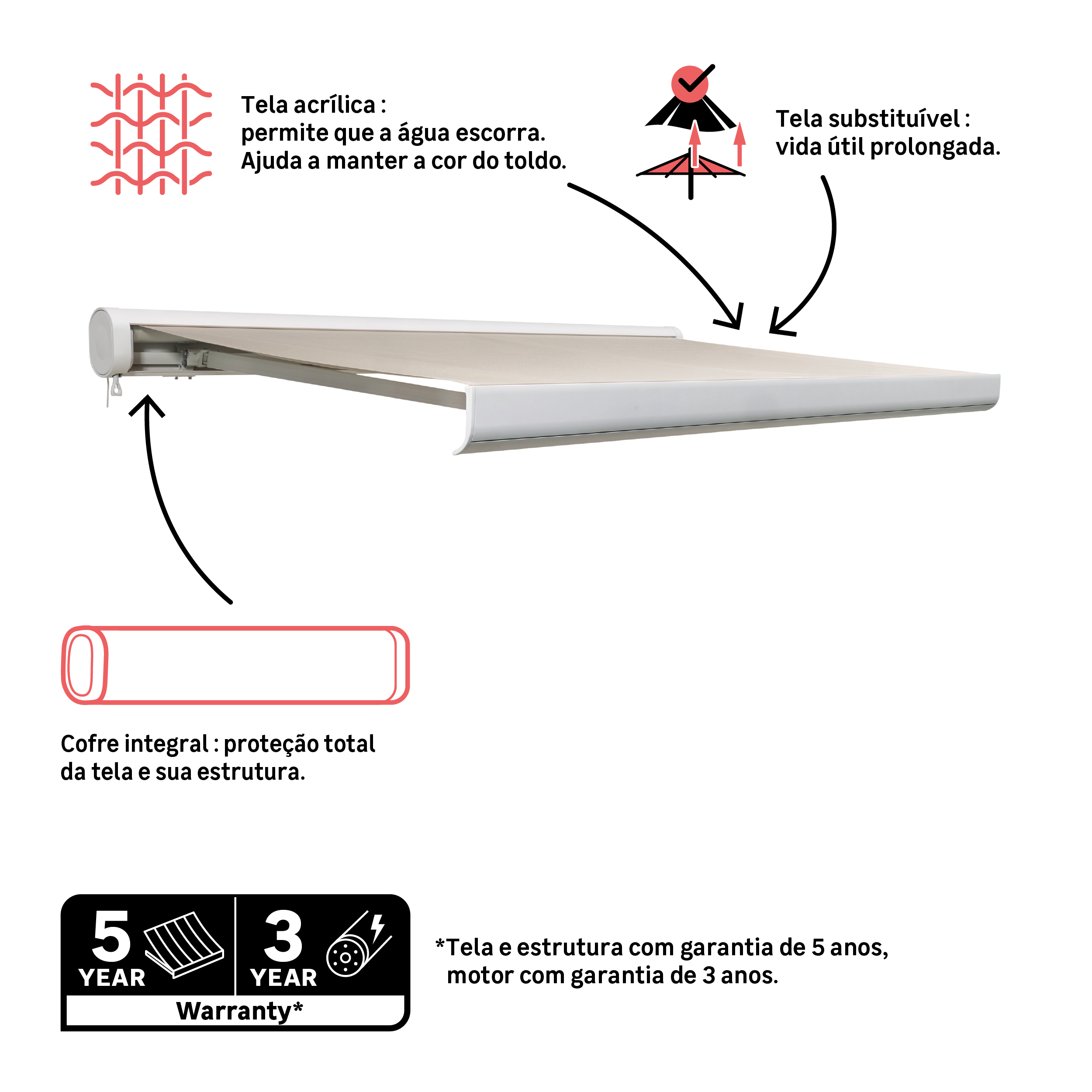 Toldo motorizado caixa integral branco 3.95x3.5 m liso bege Naterial Loby - 3
