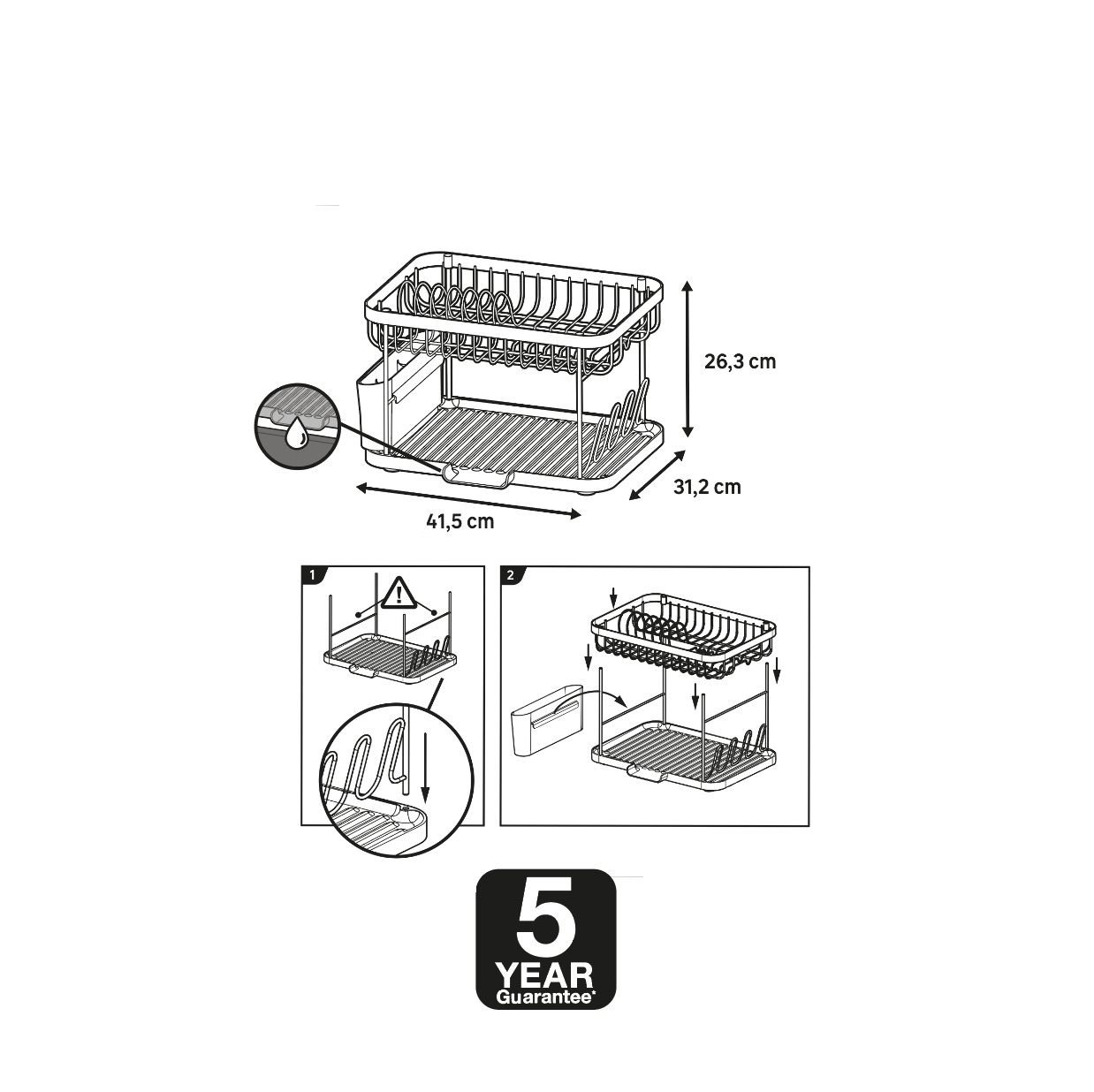 Escorredor de pratos duplo 8 Kg retangular 41.5 x 31.2 x 26.3 cm cinza aço Delinia Eleki - 5