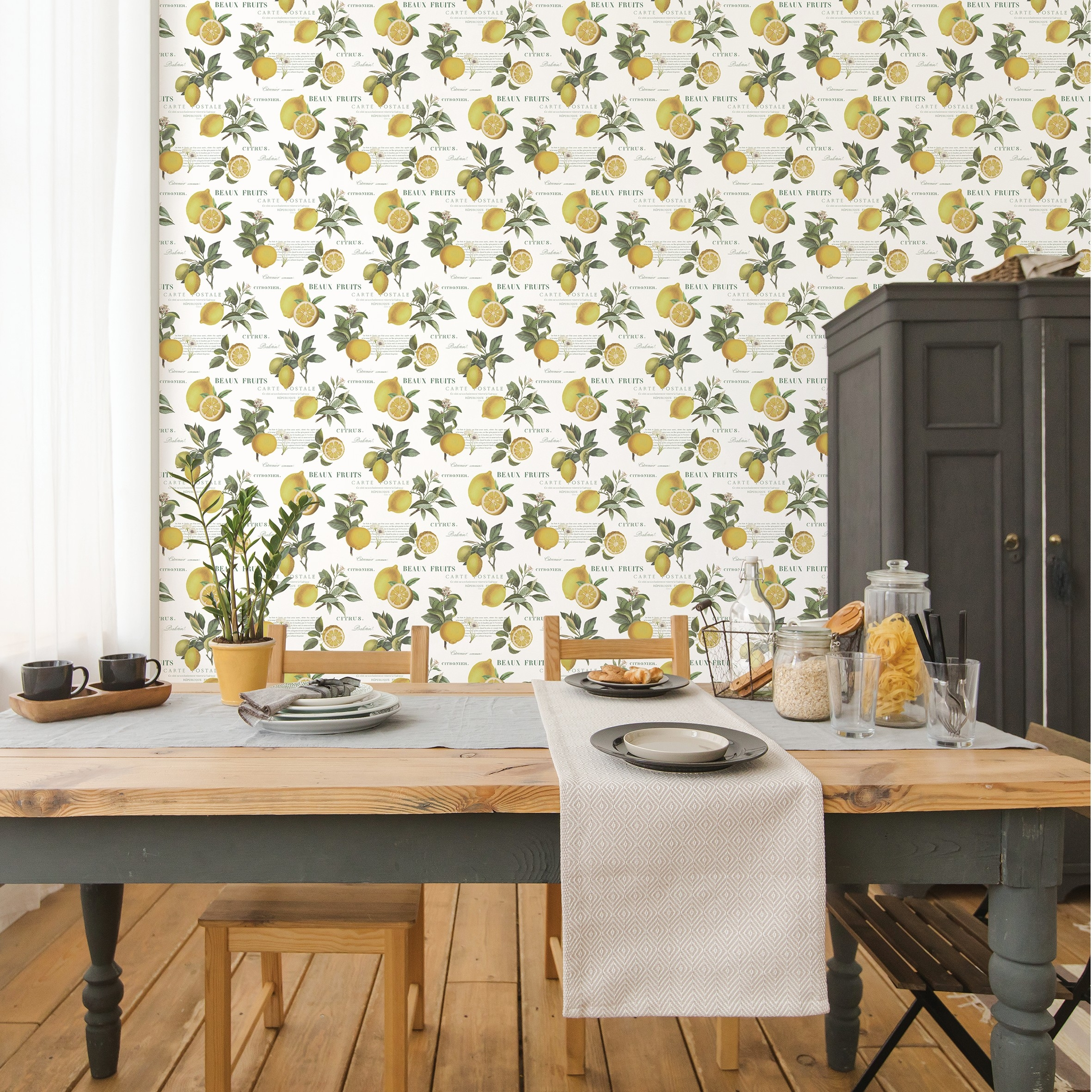 Papel pintado vinilo texto limones y recetas amarillo