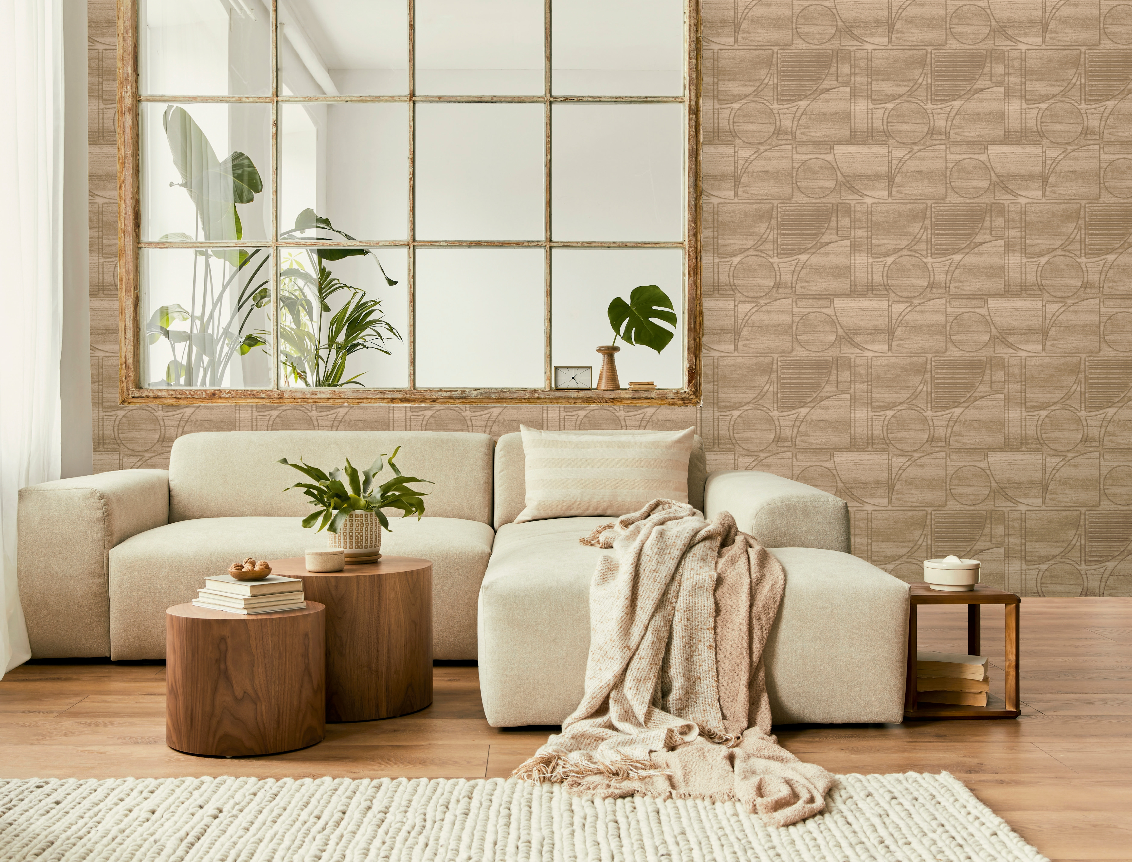 Papel pintado vinilo aplicación cola en pared imitación material puzzle madera beige lutece 53cmx10m lavable