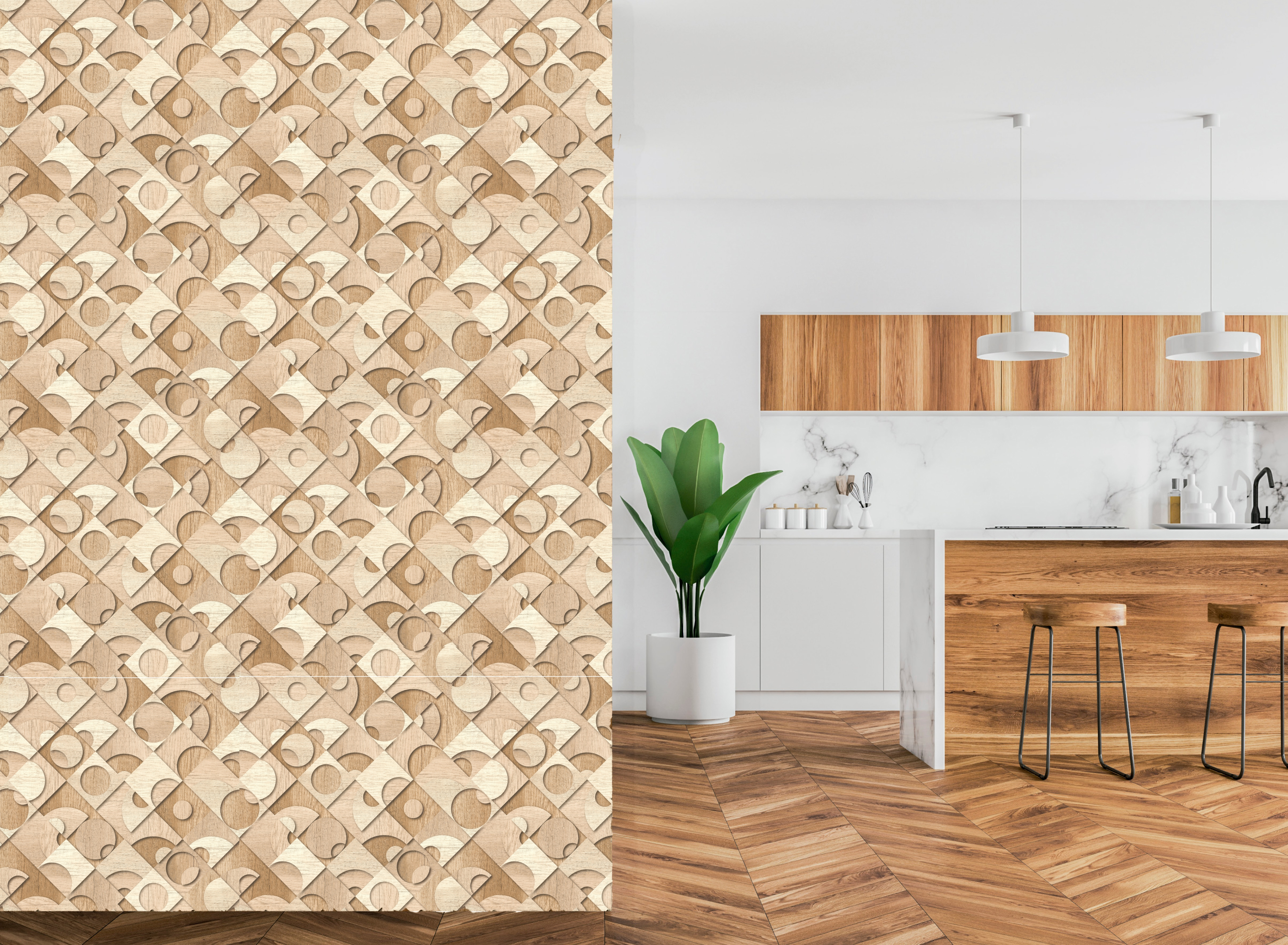 Papel pintado vinilo aplicación cola en pared imitación material piezas de madera beige lutece 53cmx10m lavable