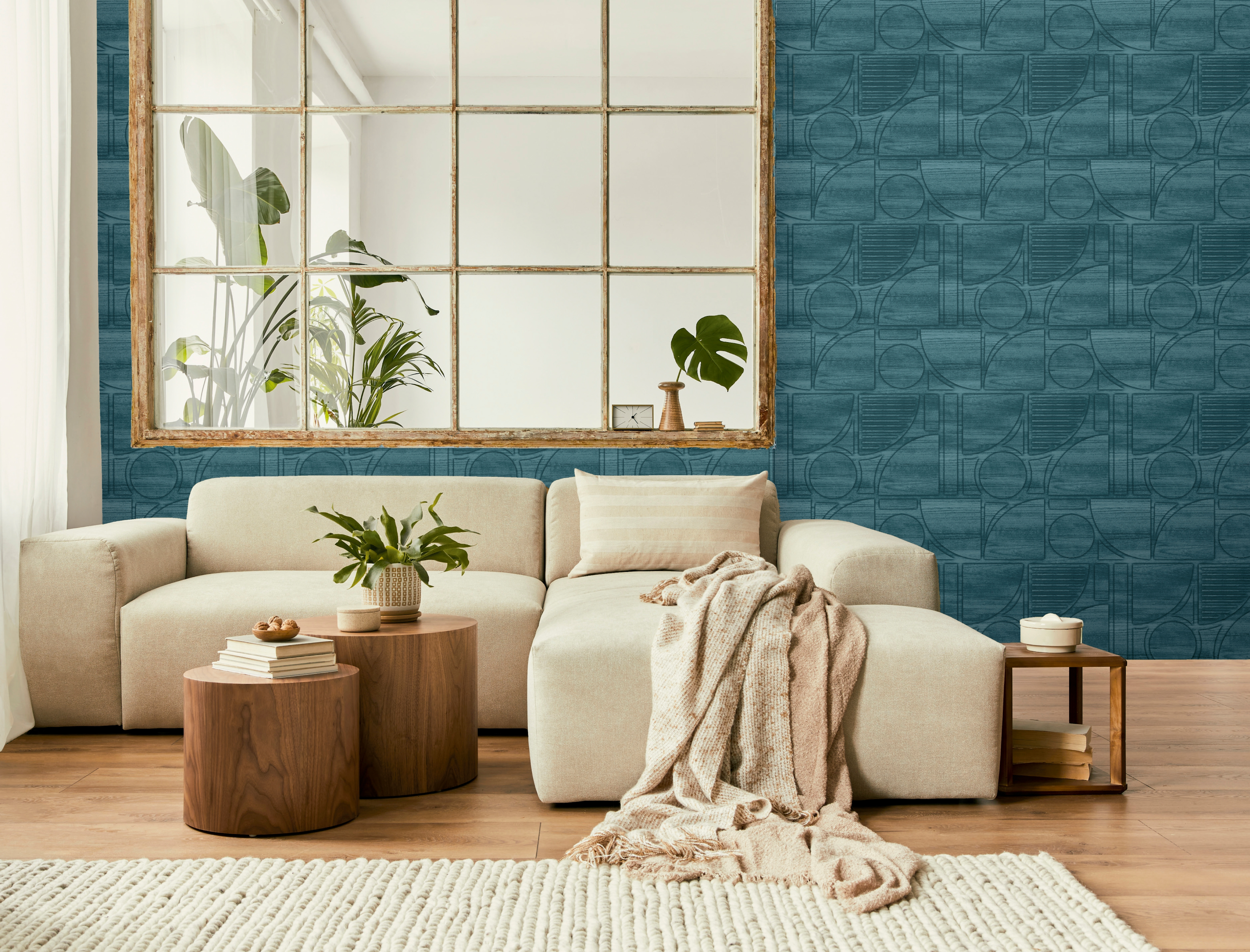 Papel pintado vinilo geométrico puzzle madera azul