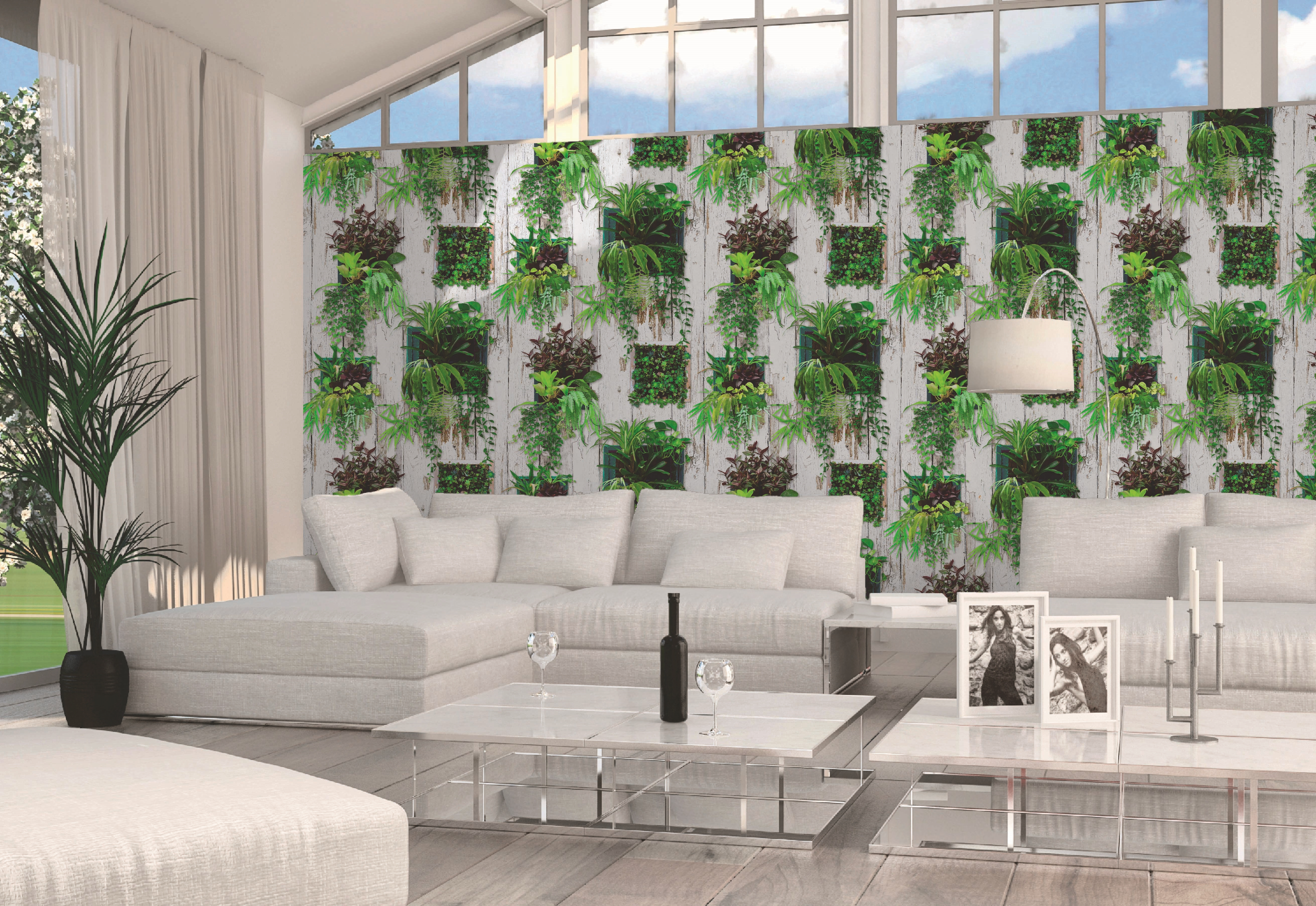 Papel pintado vinilo botánico, plantas o floral jardin vertical madera verde