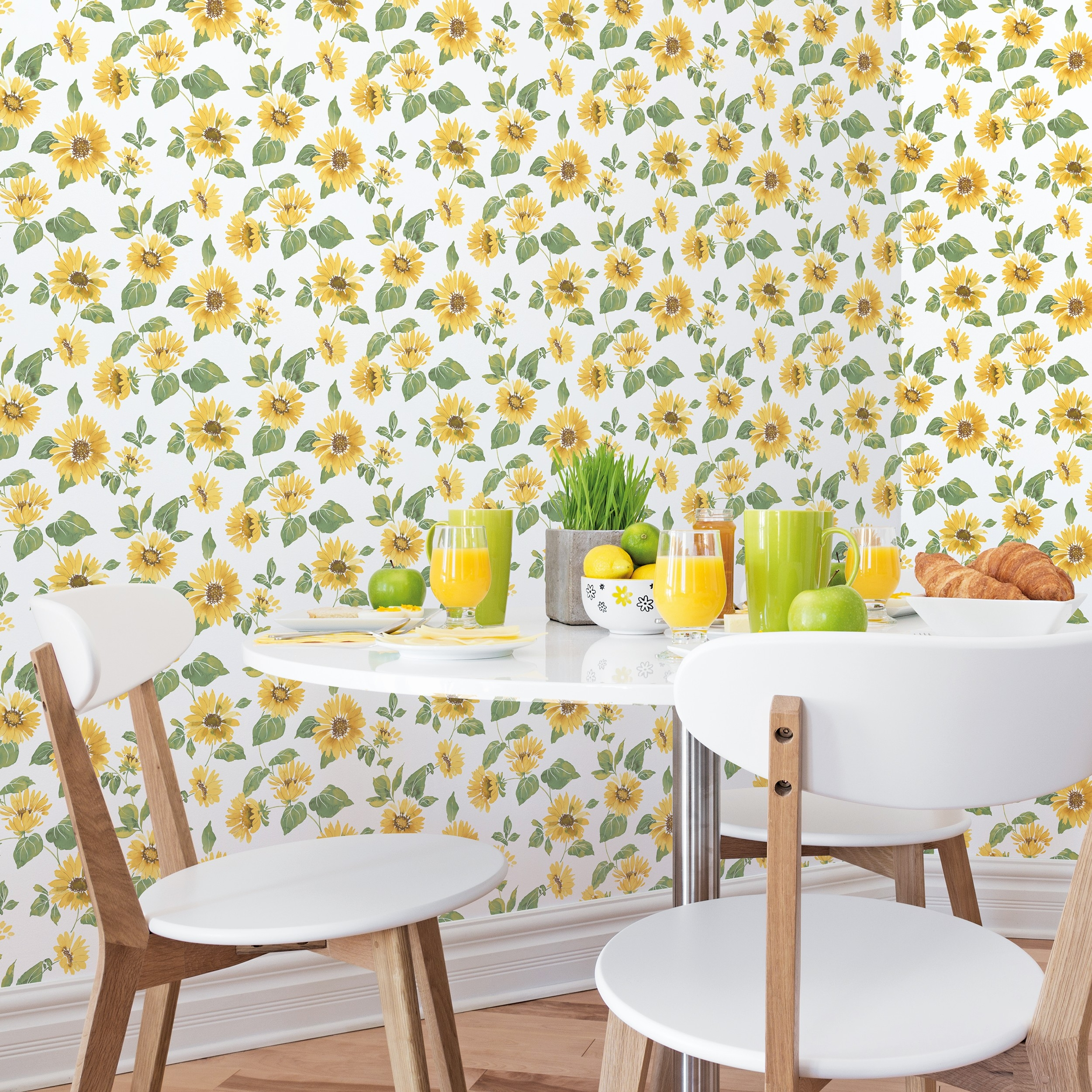 Papel pintado vinilo botánico, plantas o floral girasoles verde