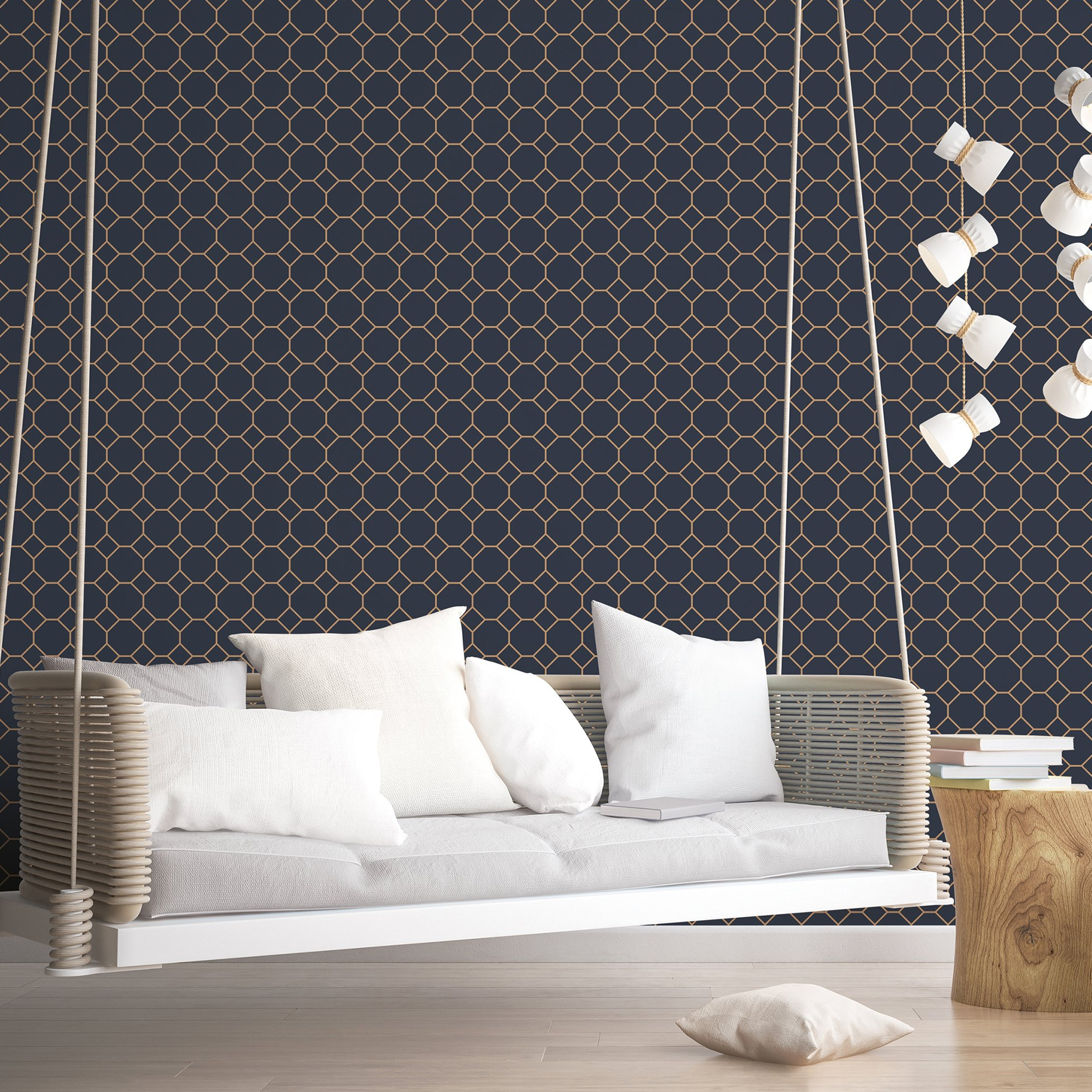 Papel pintado vinilo aplicación cola en pared geométrico panal naranja ich 53cmx10m lavable