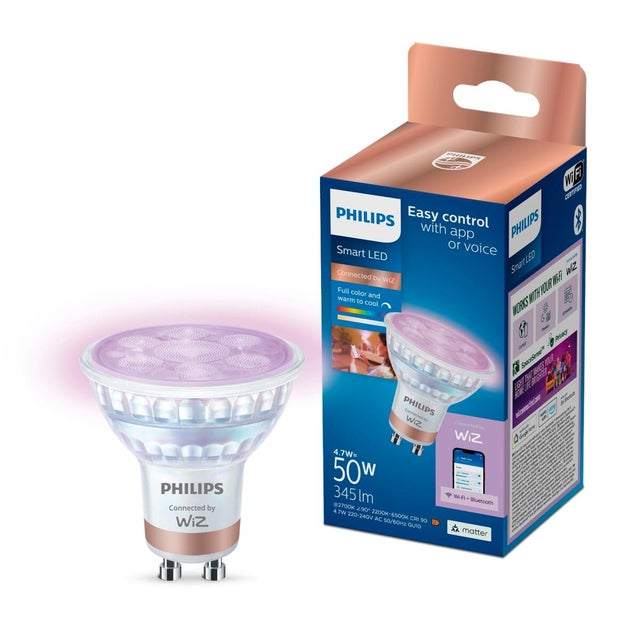 Bombilla LED GU10 compatible con WIZ inteligente forma dicroica 345 lúmenes 4.7W CCT 2200-6500K CRI>90 alta reproducción cromática clase energética F