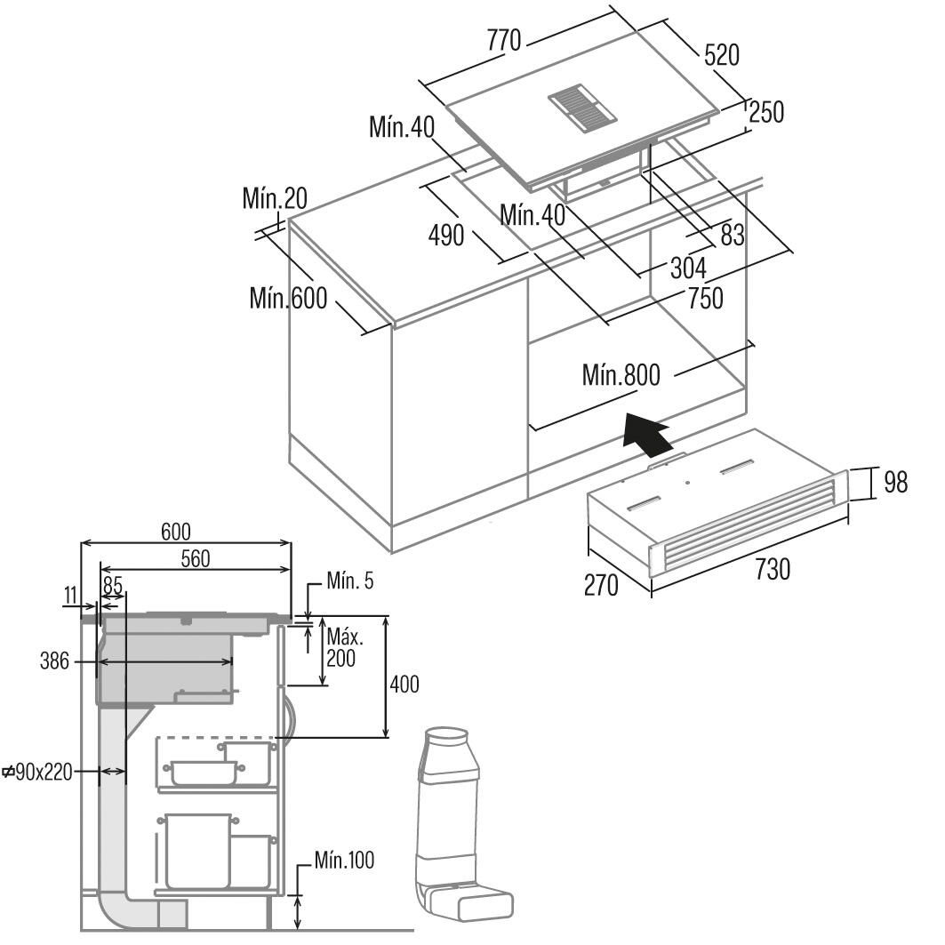 Placa de inducción con extractor CATA 08000405 con 4 zonas de cocción y zona flex 7530W negro 77 cm - 2