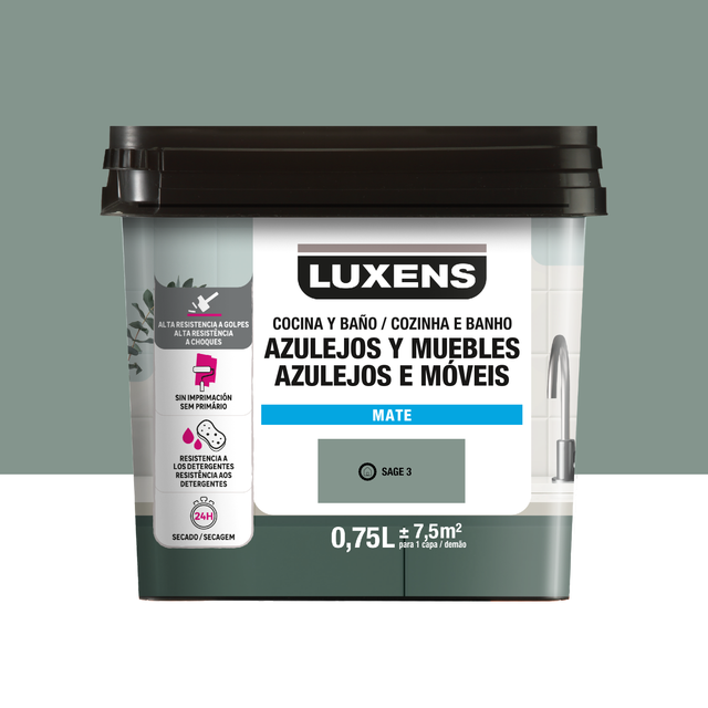 Tinta renovação cozinha banho multisuperfícies Sage 3 mate 0,75L Luxens