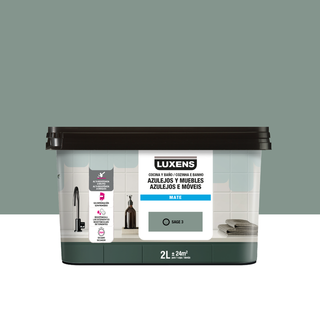 Esmalte de interior multimateriales cocinas y baños LUXENS color sage 3 mate 2L para azulejos de pared