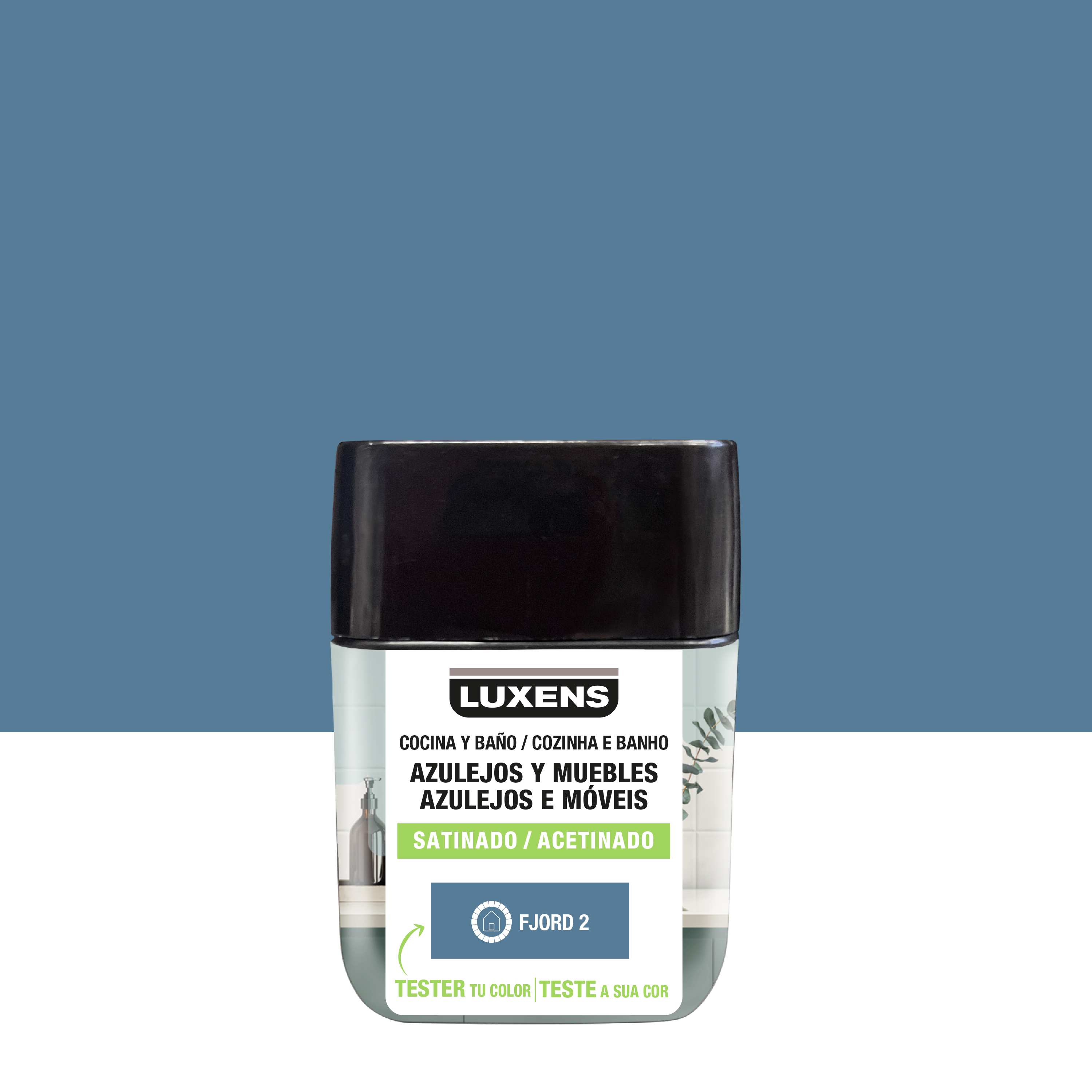 Tester de pintura multimateriales cocinas y baños luxens color fjord 2 satinado 75ml para paredes, azulejos, radiadores, muebles y cerámica