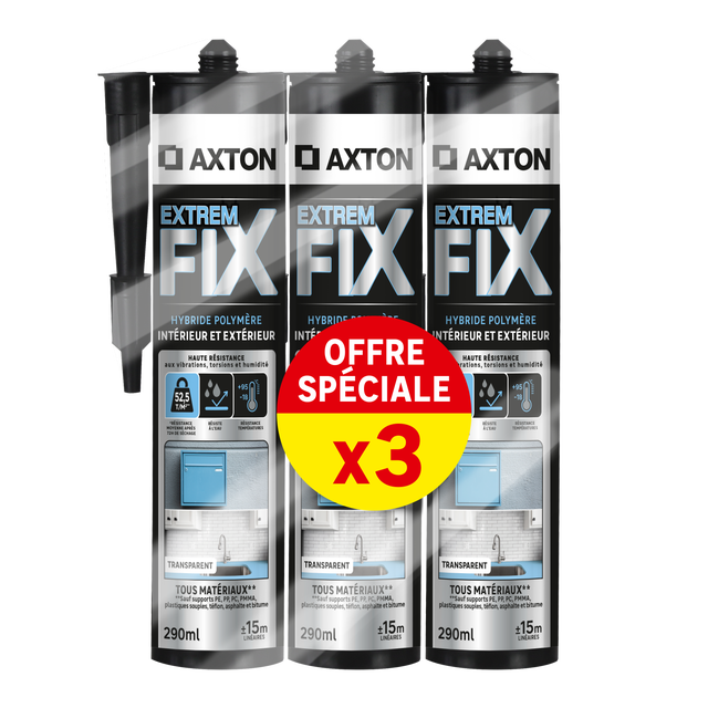 Lot de 3 colle de fixation pâte MS polymère AXTON Extremfix transparent, 290ml