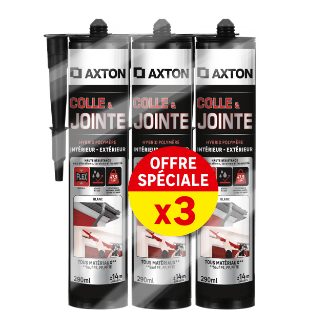 Lot de 3 colle de fixation pâte MS polymère Colle & jointe AXTON, 290ml blanc