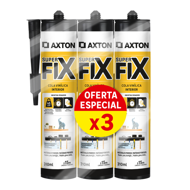 Pack de 3 adhesivos de montaje AXTON Super Fix AXTON 310 ml transparente para yeso, PVC, hormigón, aplicación con pistola, resiste al agua. Para fijar un material a una superficie.
