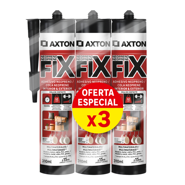 Pack de 3 adhesivos de montaje AXTON Neopreno 310 ml para madera, PVC, hormigón, aplicación con pistola, resiste al agua. Para fijar un material a una superficie.