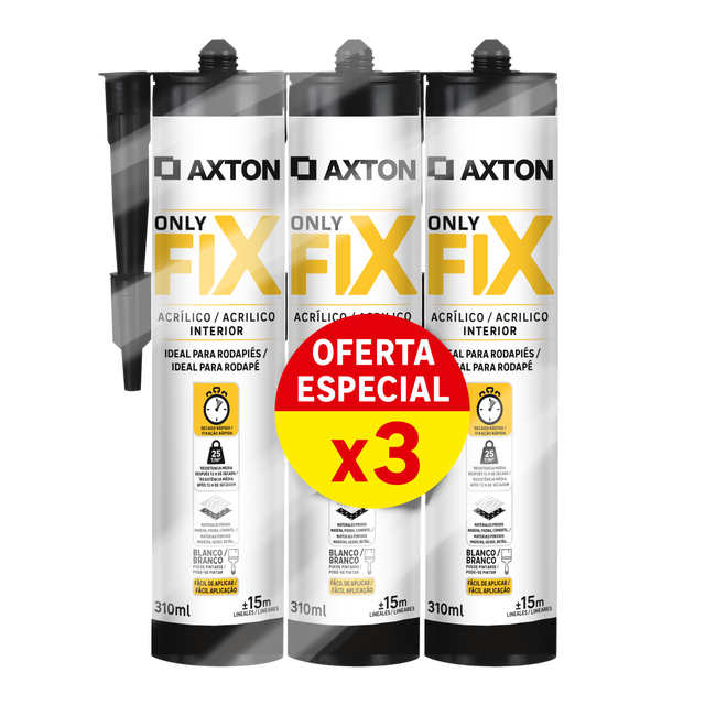 Pack de 3 adhesivos de montaje AXTON Onlyfix 310 ml blanco para piedra, aplicación con pistola, resiste a las torsiones. Para fijar un material a una superficie.