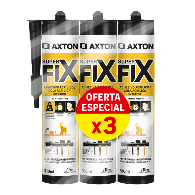 Pack de 3 adhesivos de montaje AXTON Super Fix AXTON 310 ml transparente para yeso, PVC, hormigón, aplicación con pistola, resiste al agua. Para fijar un material a una superficie.