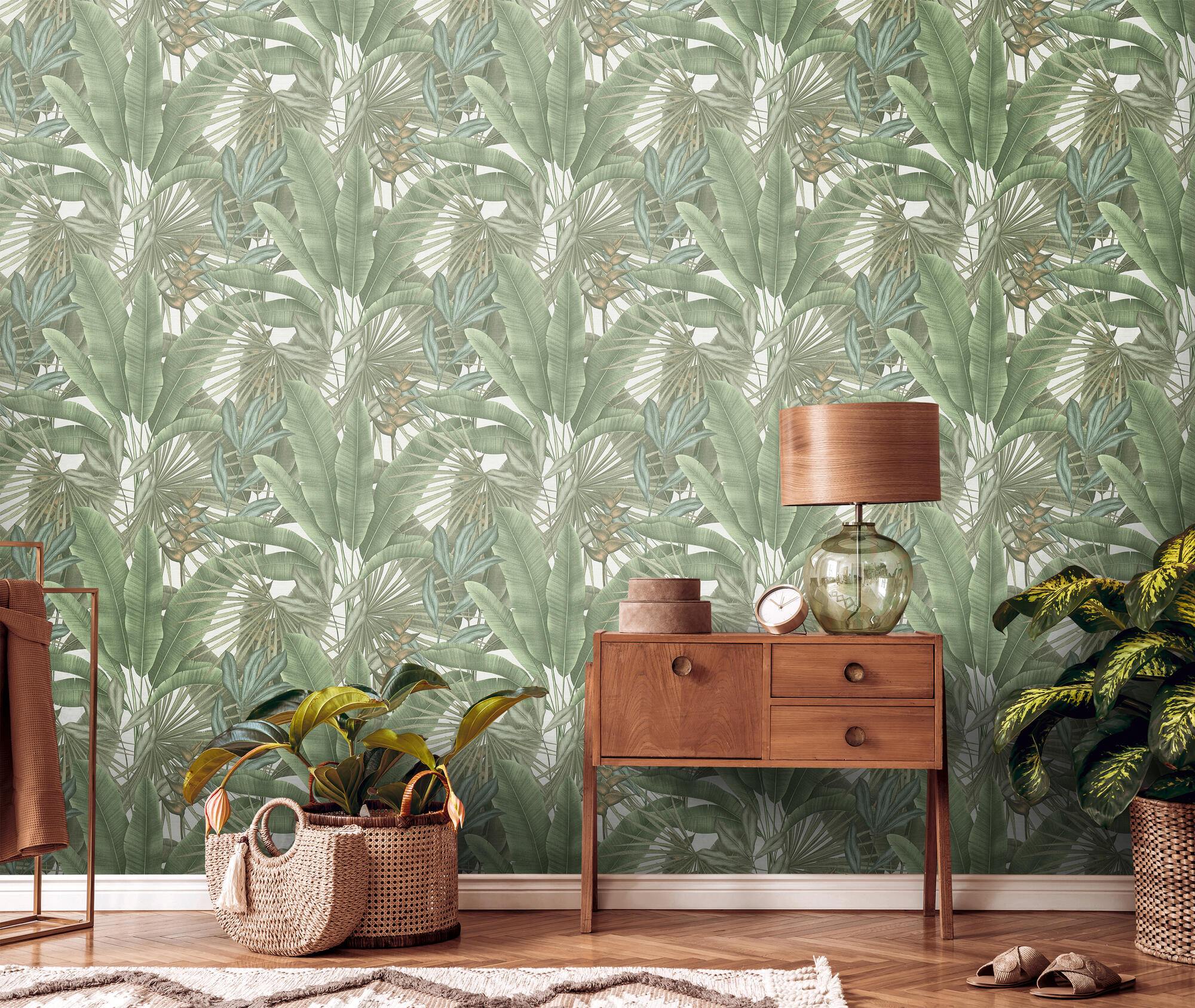 Papel pintado vinilo aplicación cola en pared Floral vegetal Tropical 396472 verde  A.S. CREATION 53cmx10.05m lavable apto para cocinas o baños - 11