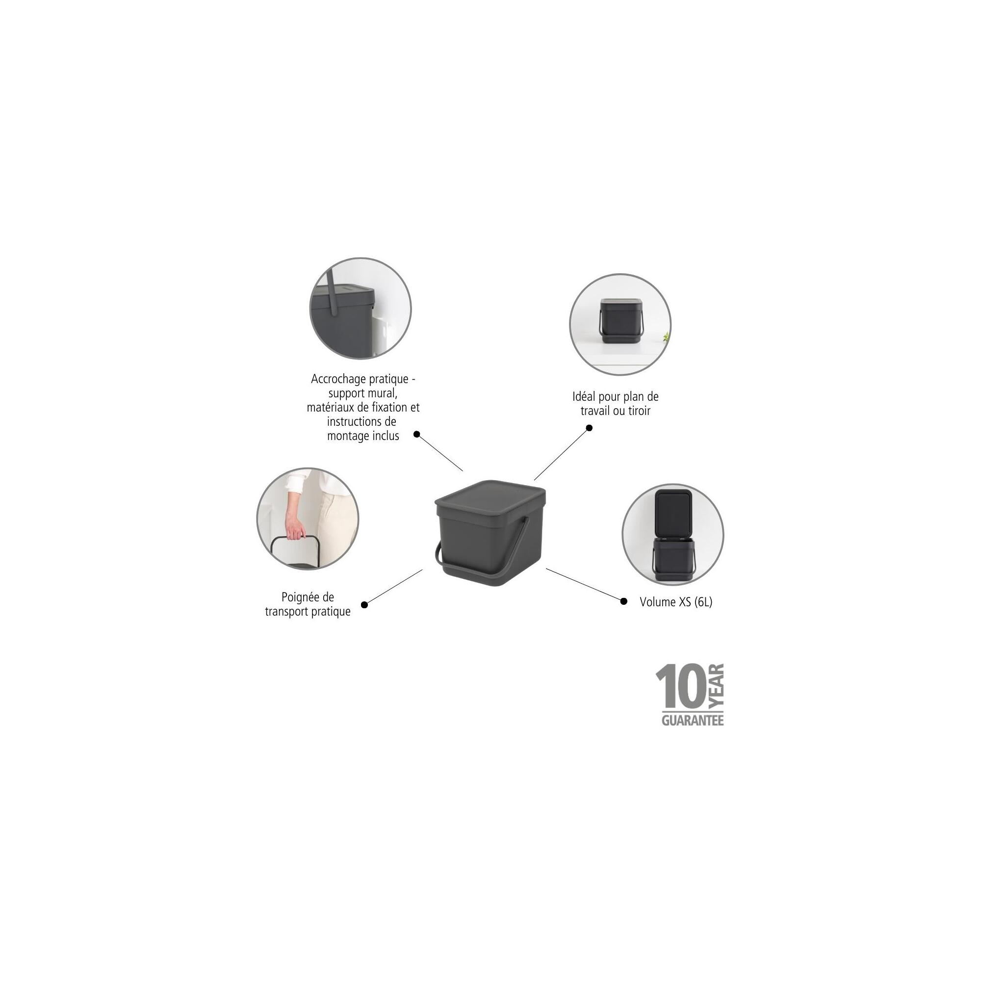 Poubelle compost de cuisine 6L BRABANTIA Sort&go gris - 8